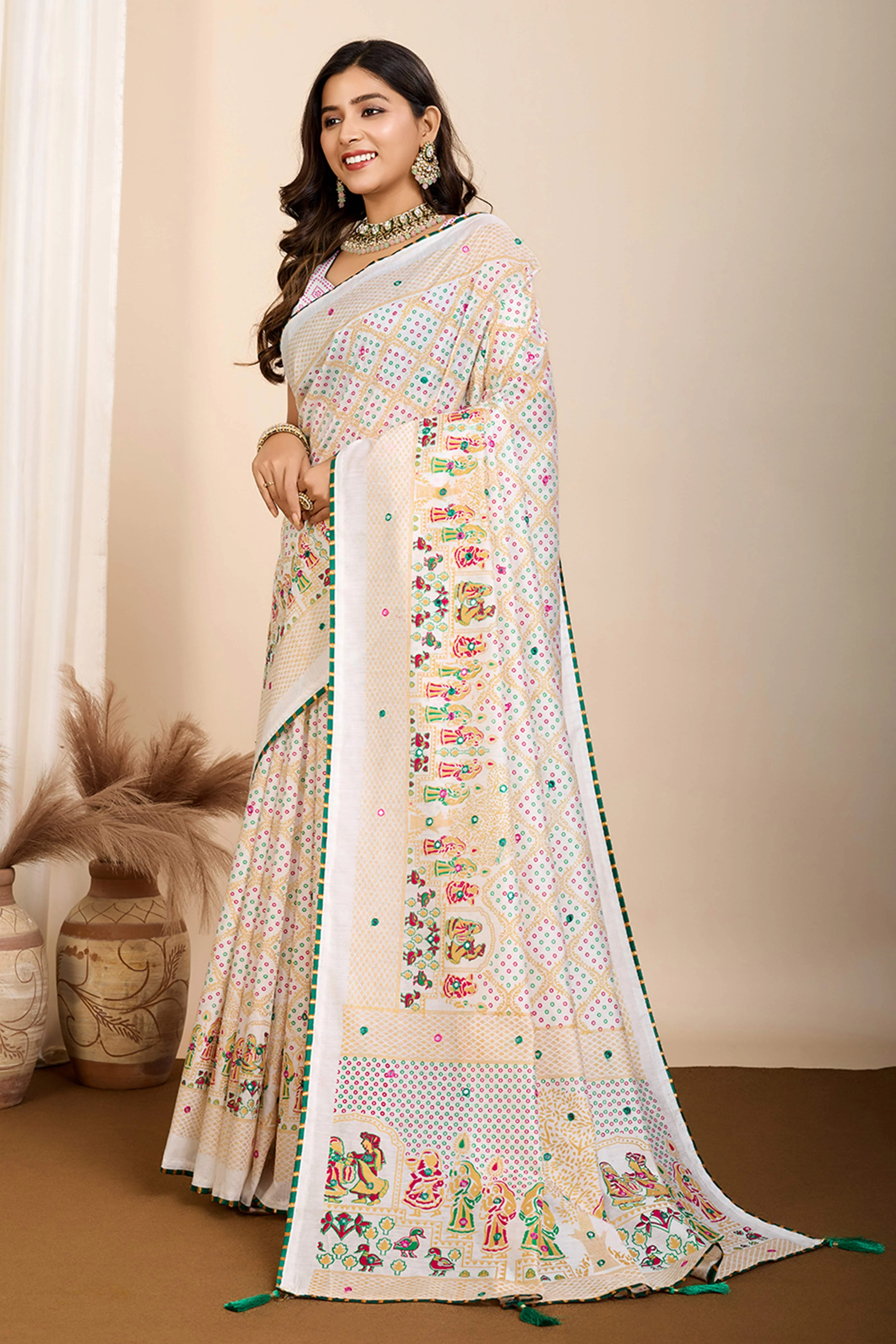 Off White Mirror Work Bandhani Printed Muslin Saree - Image 4
