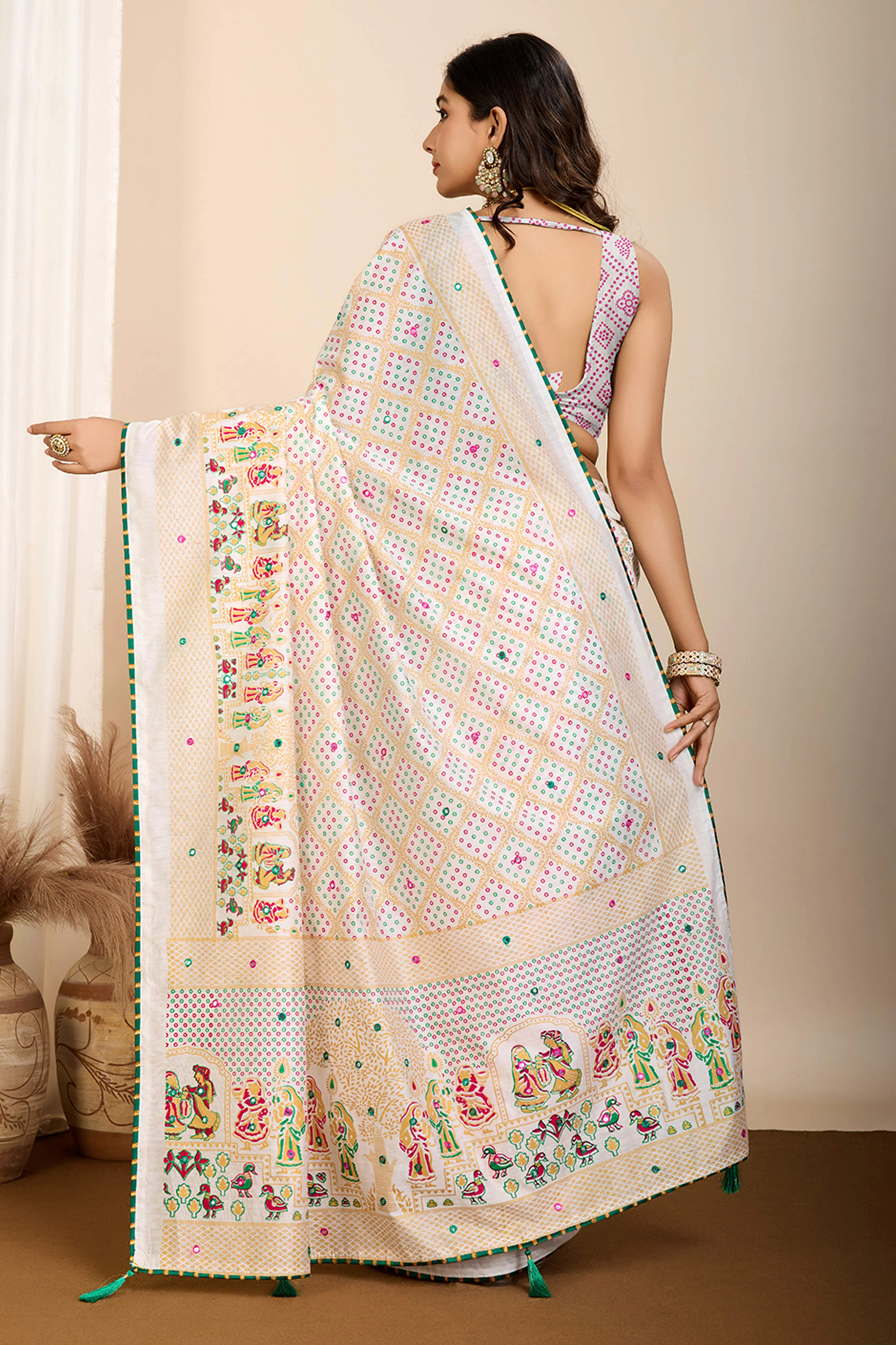 Off White Mirror Work Bandhani Printed Muslin Saree - Image 5