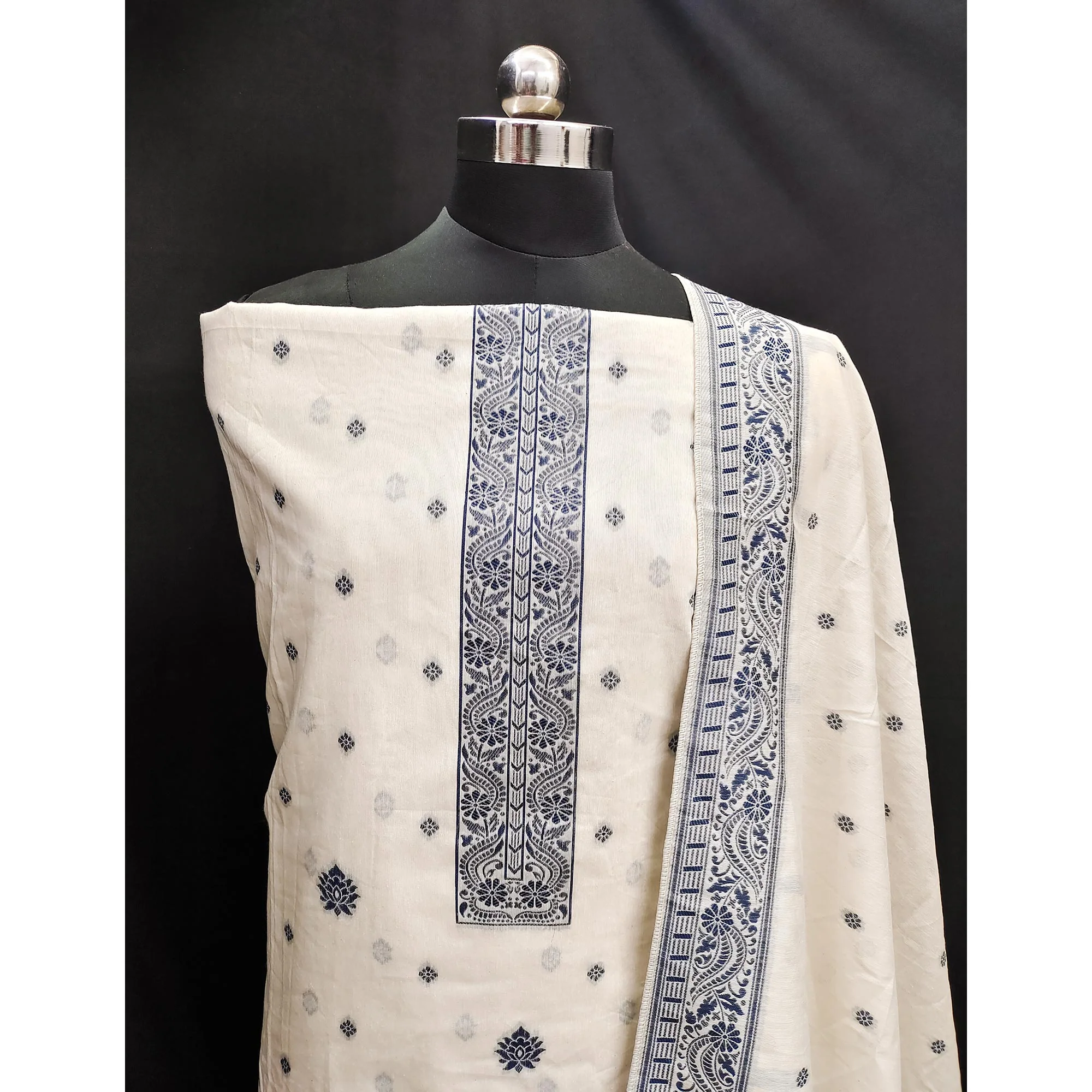 Off White & Navy Blue Woven Pure Cotton Dress Material - Image 4
