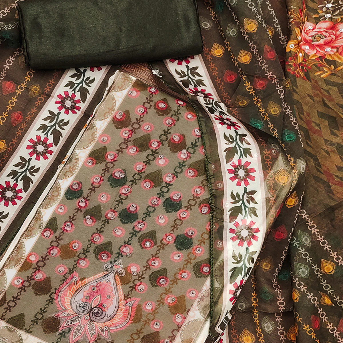 Off-White & Olive Organza Dress Material with Elegant Floral Prints - Image 2