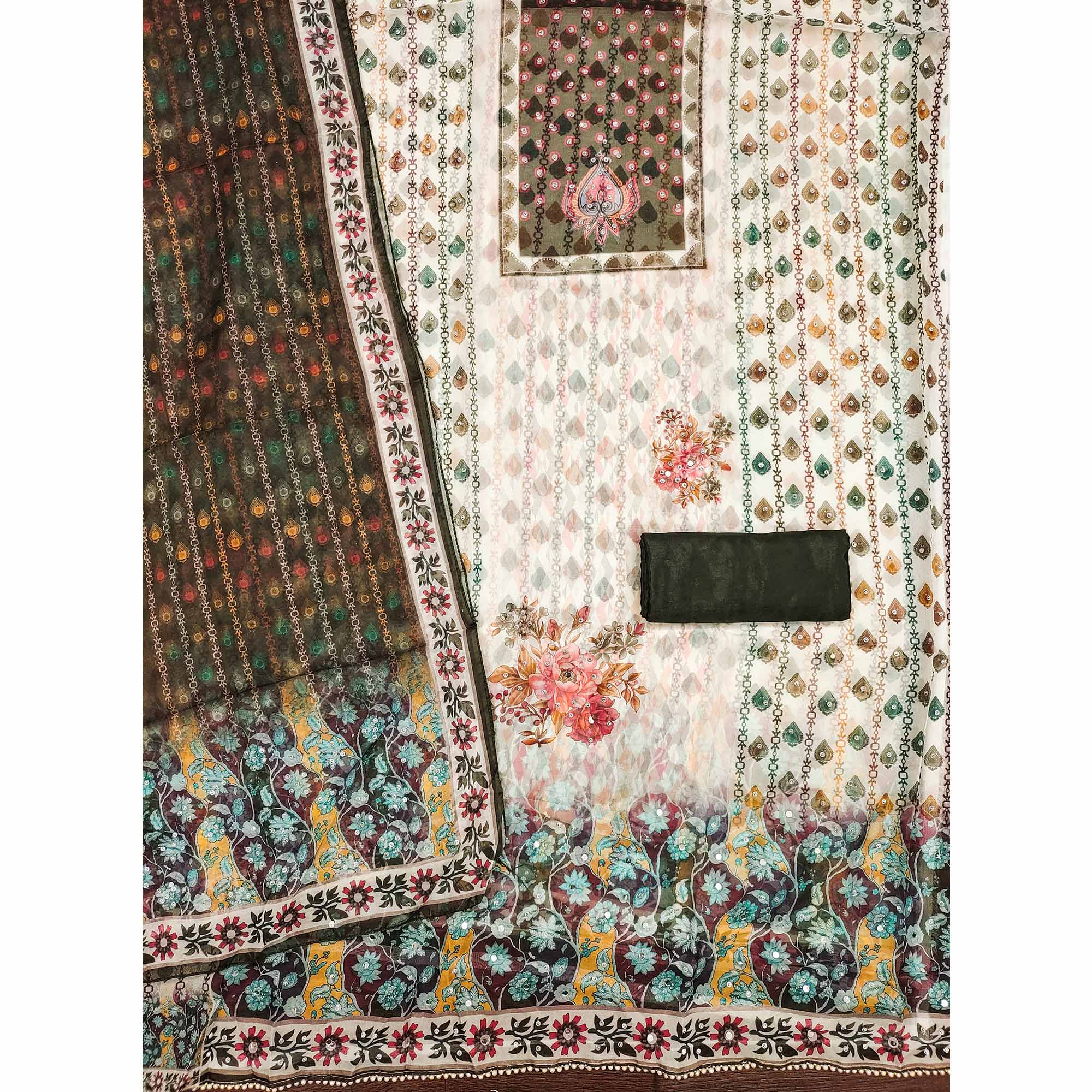 Off-White & Olive Organza Dress Material with Elegant Floral Prints - Image 4
