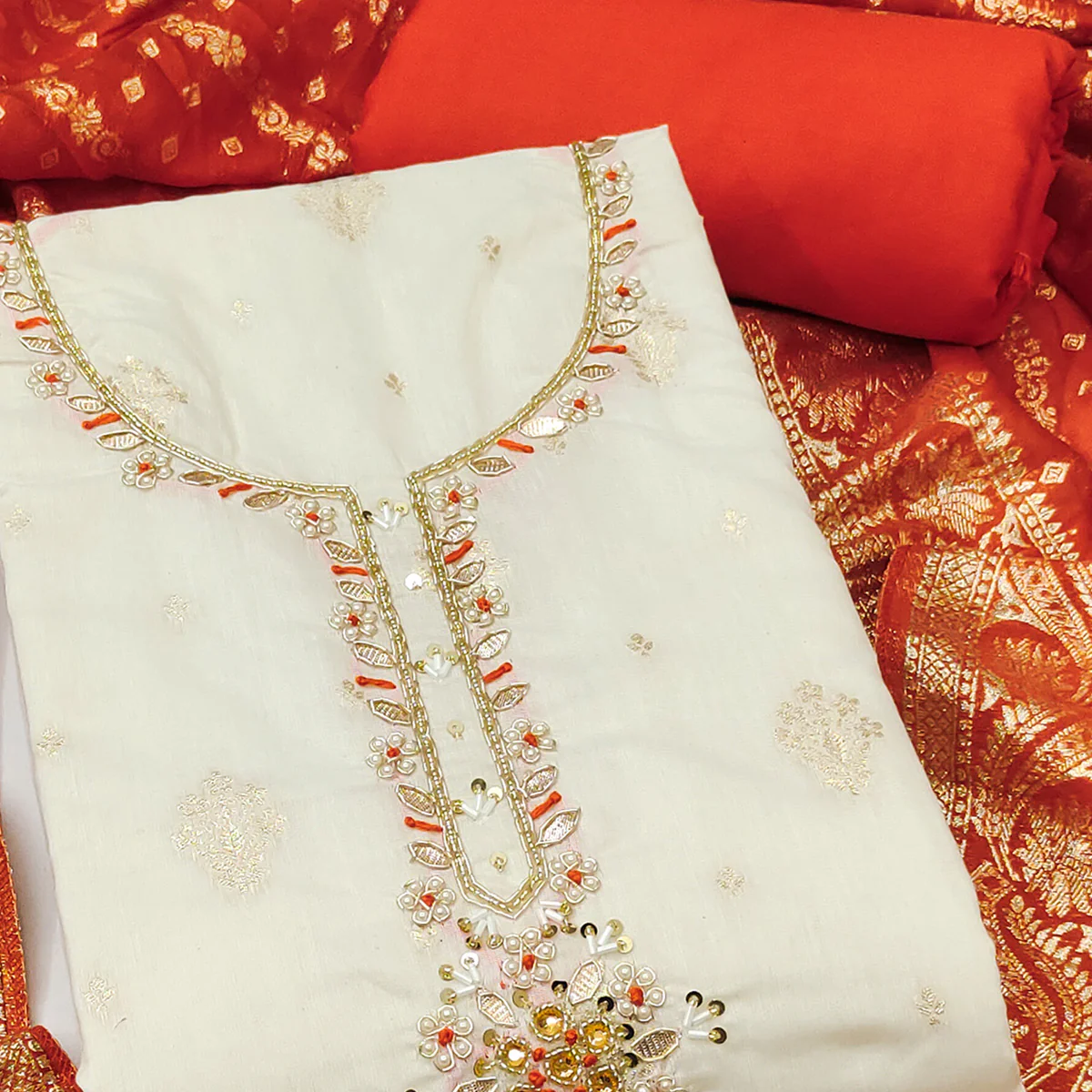 Off White & Orange Beads Work Cotton Silk Dress Material in Weaving Style - Image 2