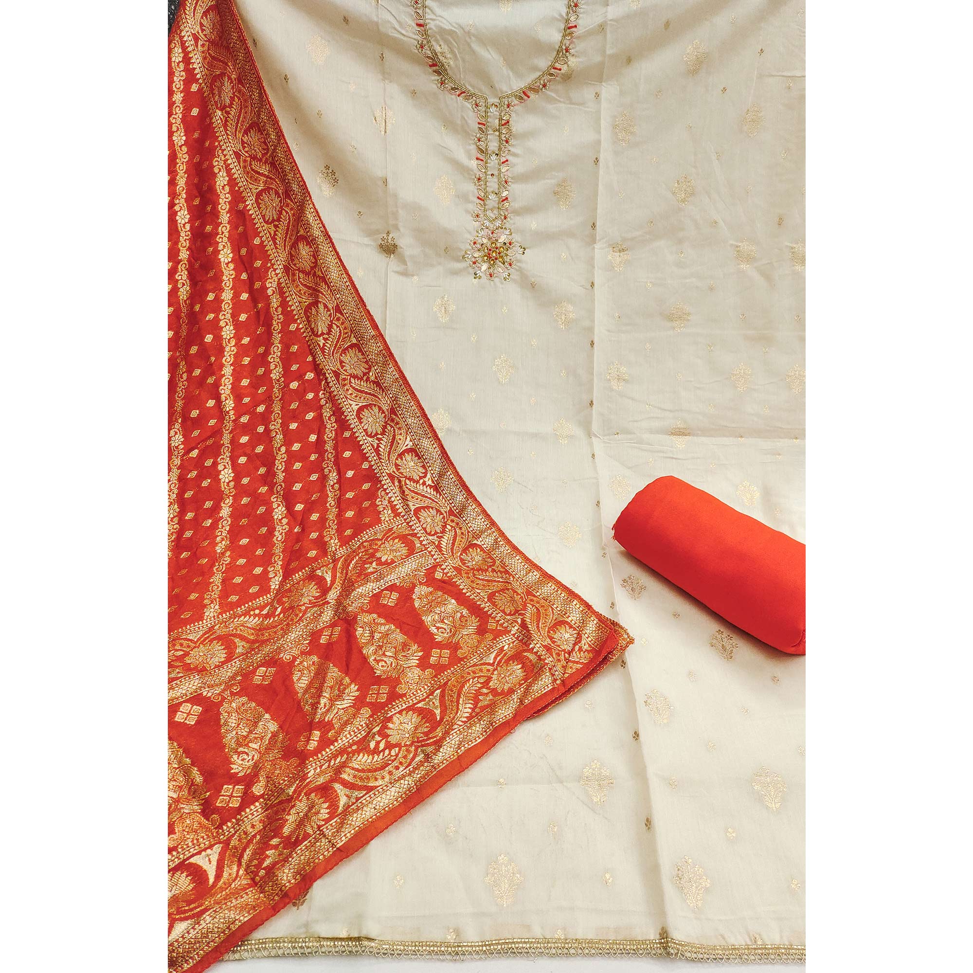 Off White & Orange Beads Work Cotton Silk Dress Material in Weaving Style - Image 4