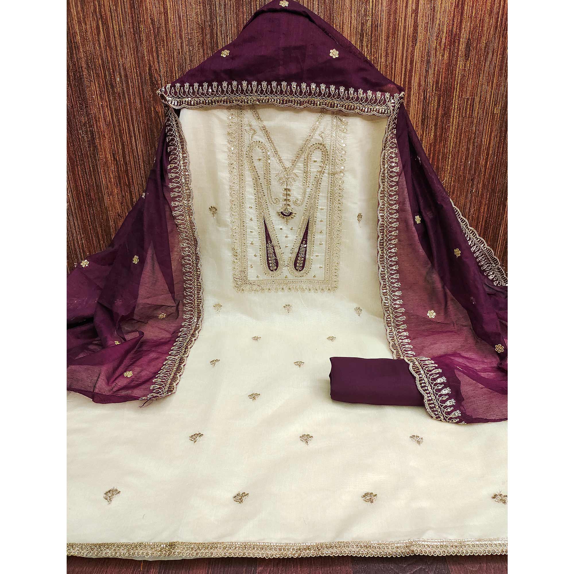Off White Paisley Embroidered Chanderi Dress Material - Image 3