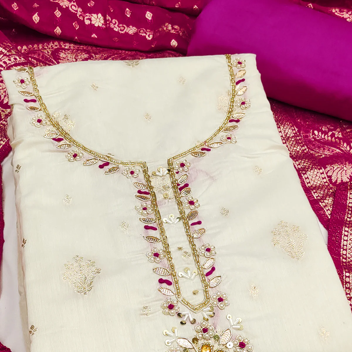 Off White & Pink Beads Work Cotton Silk Dress Material in Weaving Style - Image 2