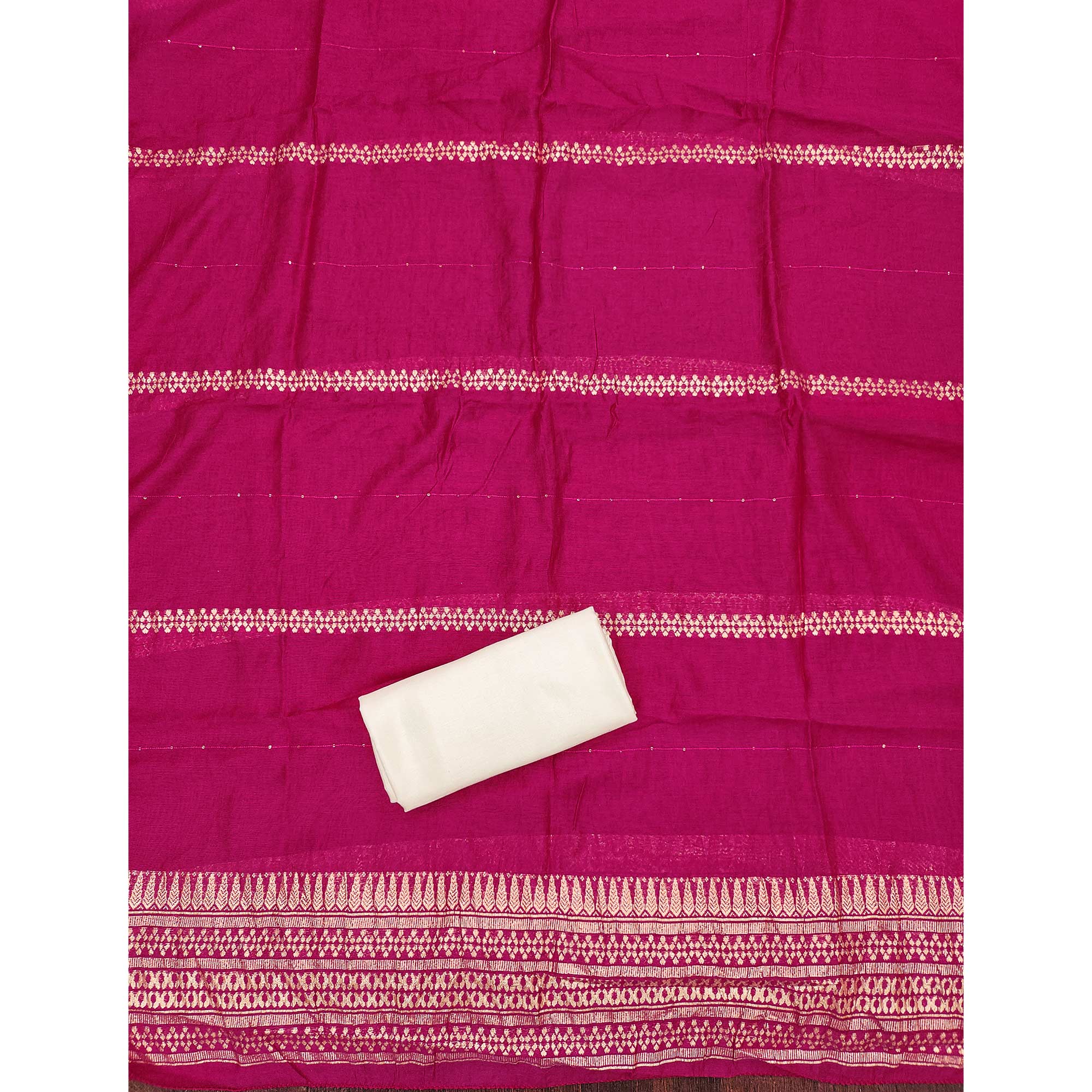 Off-White & Pink Chanderi Silk Unstitched Dress Material with Zari Weaving and Embroidery - Image 5