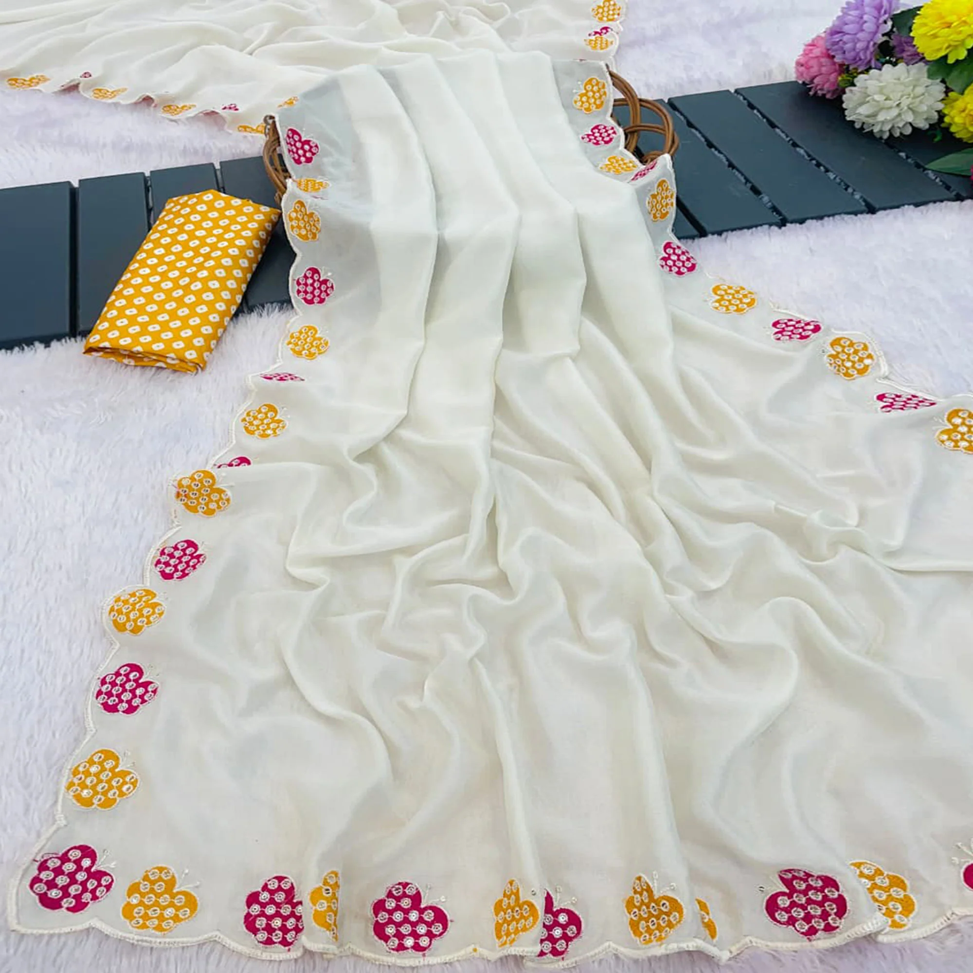 Off White Premium Vichitra Silk Saree Adorned with Intricate Embroidery Work
