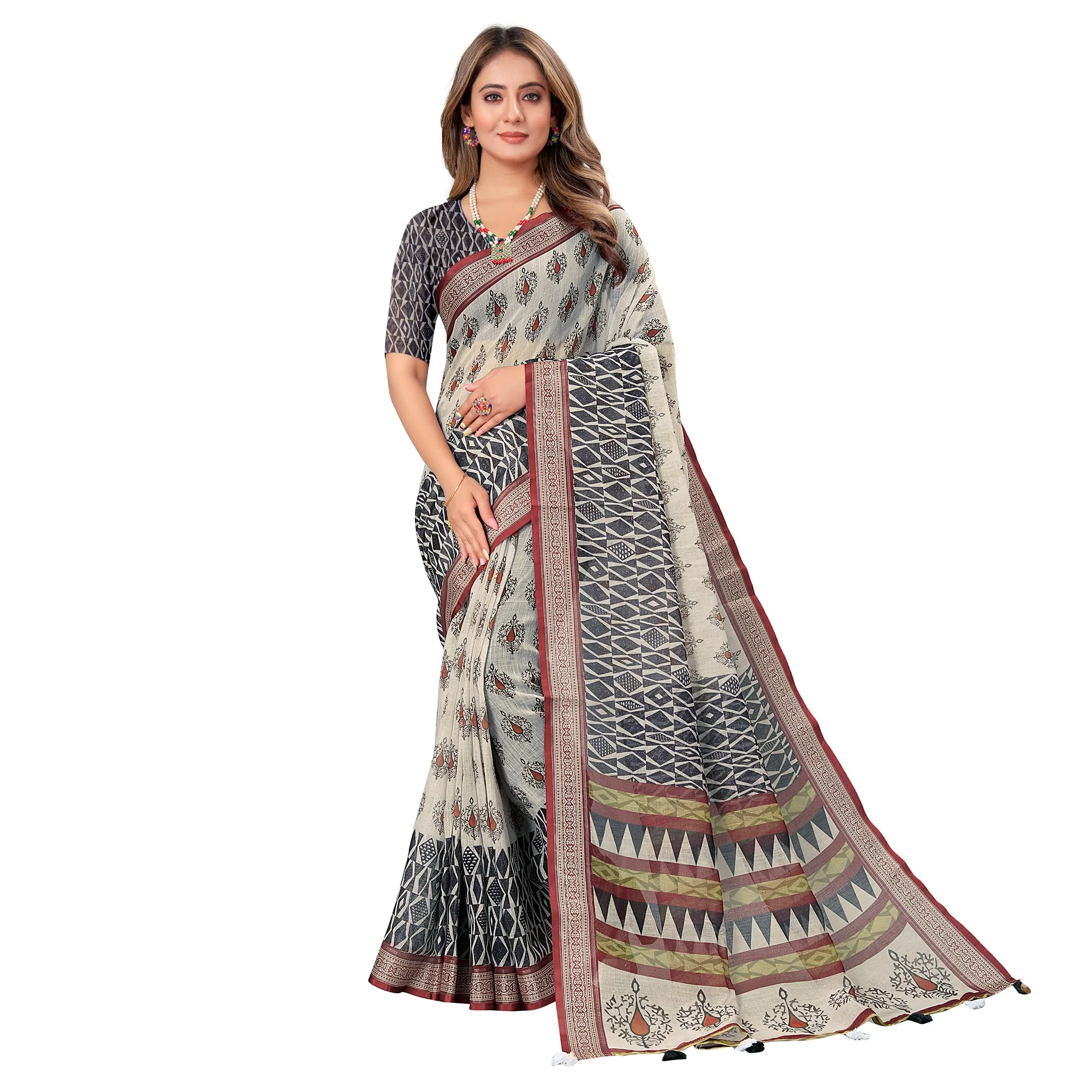 Off White Printed Linen Saree - Image 3
