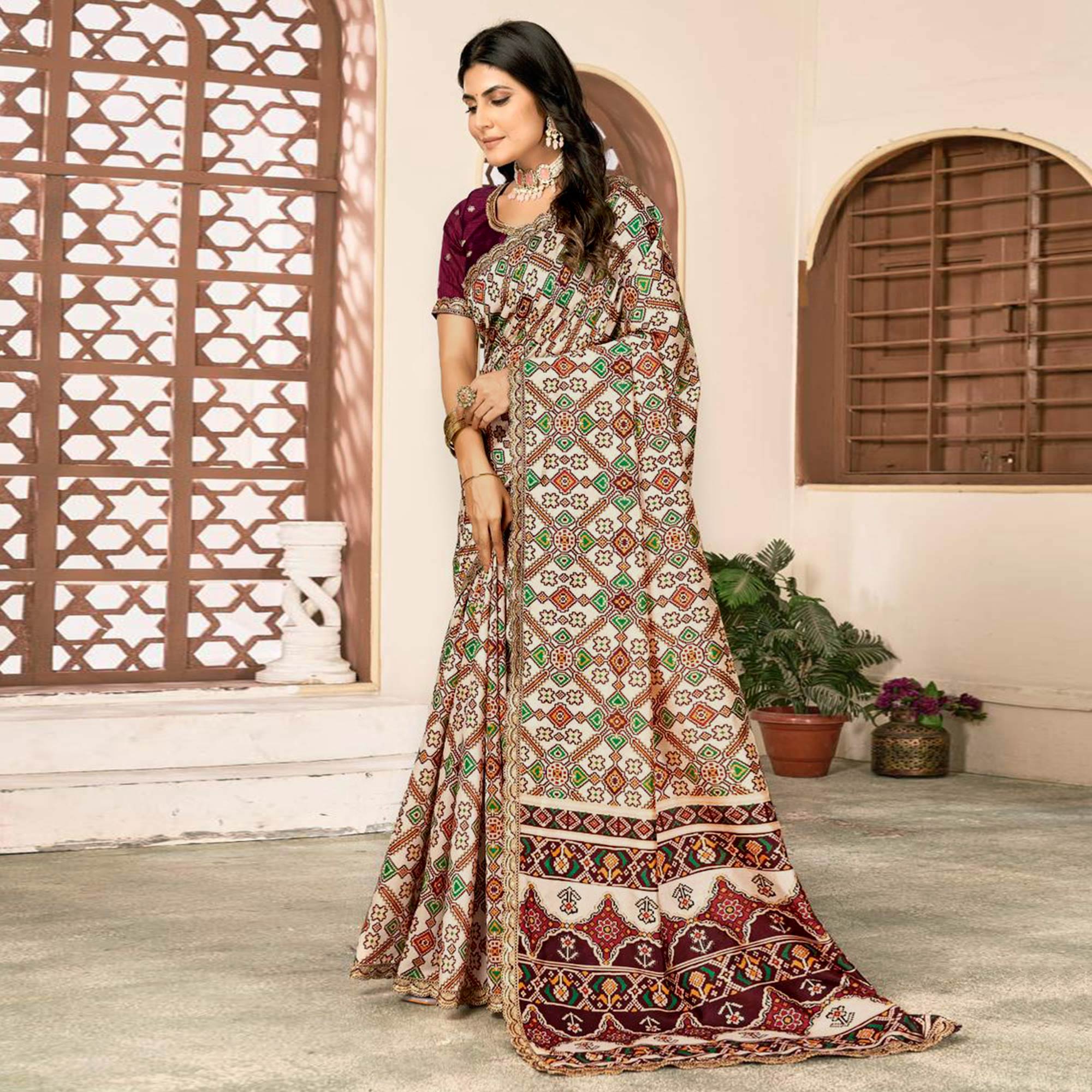 Off White Printed Patola Tussar Silk Saree - Image 4