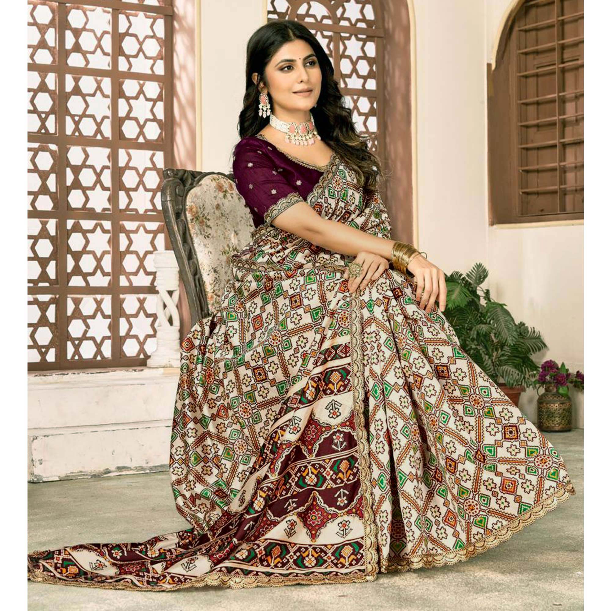 Off White Printed Patola Tussar Silk Saree - Image 5