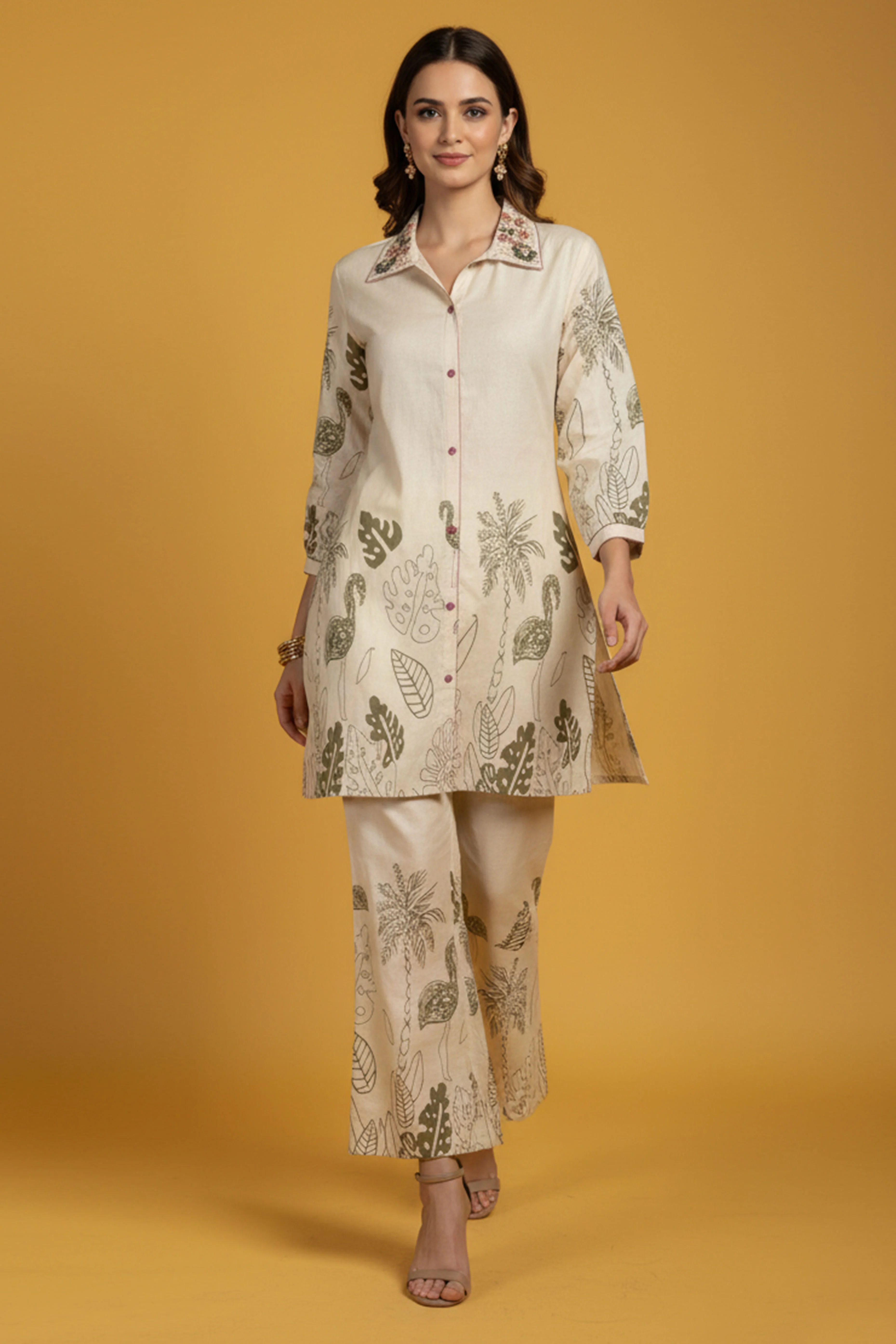 Off White Pure Cotton Flex Top Bottom Set with Floral Designs