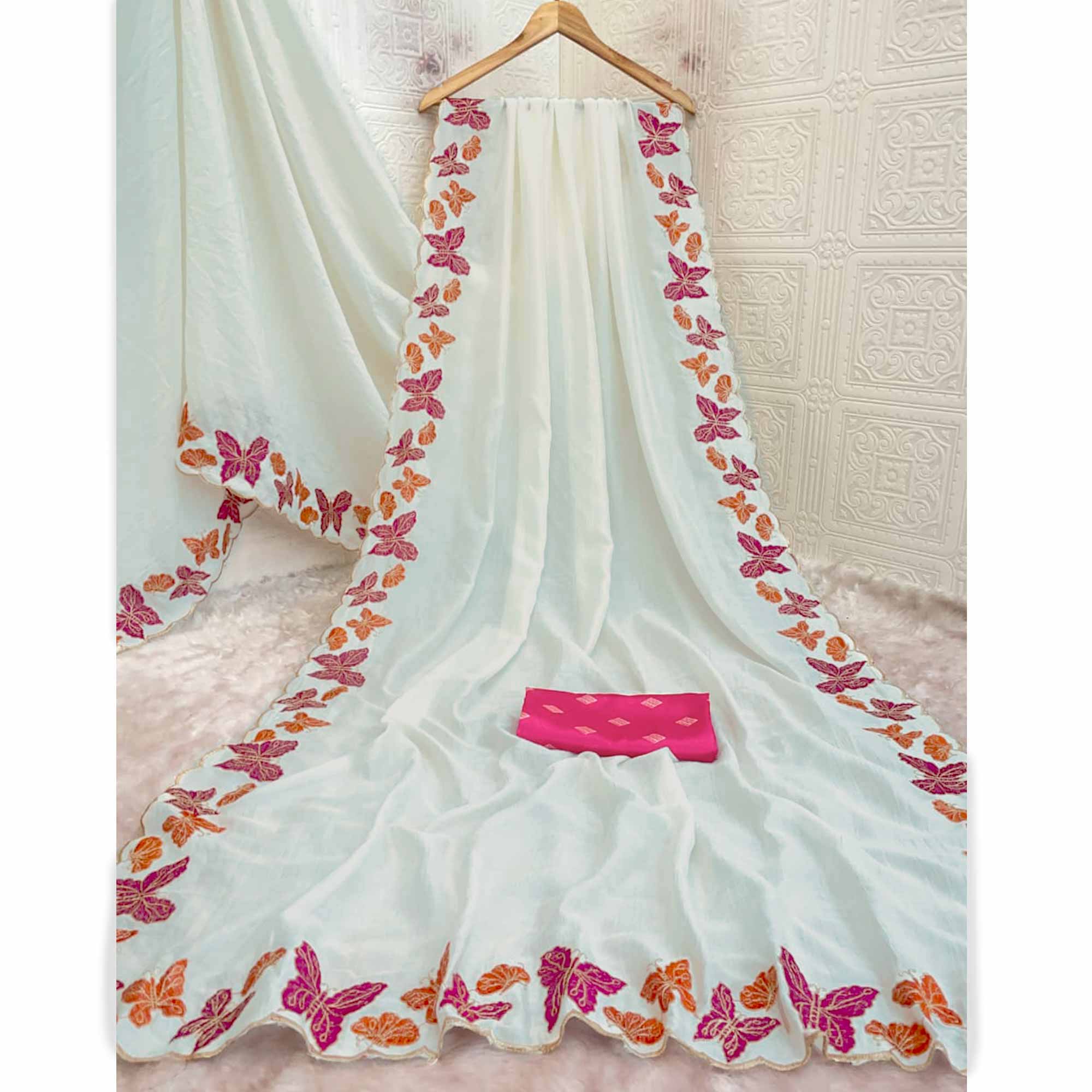 Off White Pure Vichitra Silk Saree with Graceful Butterfly Inspired Embroidery Detailing - Image 4