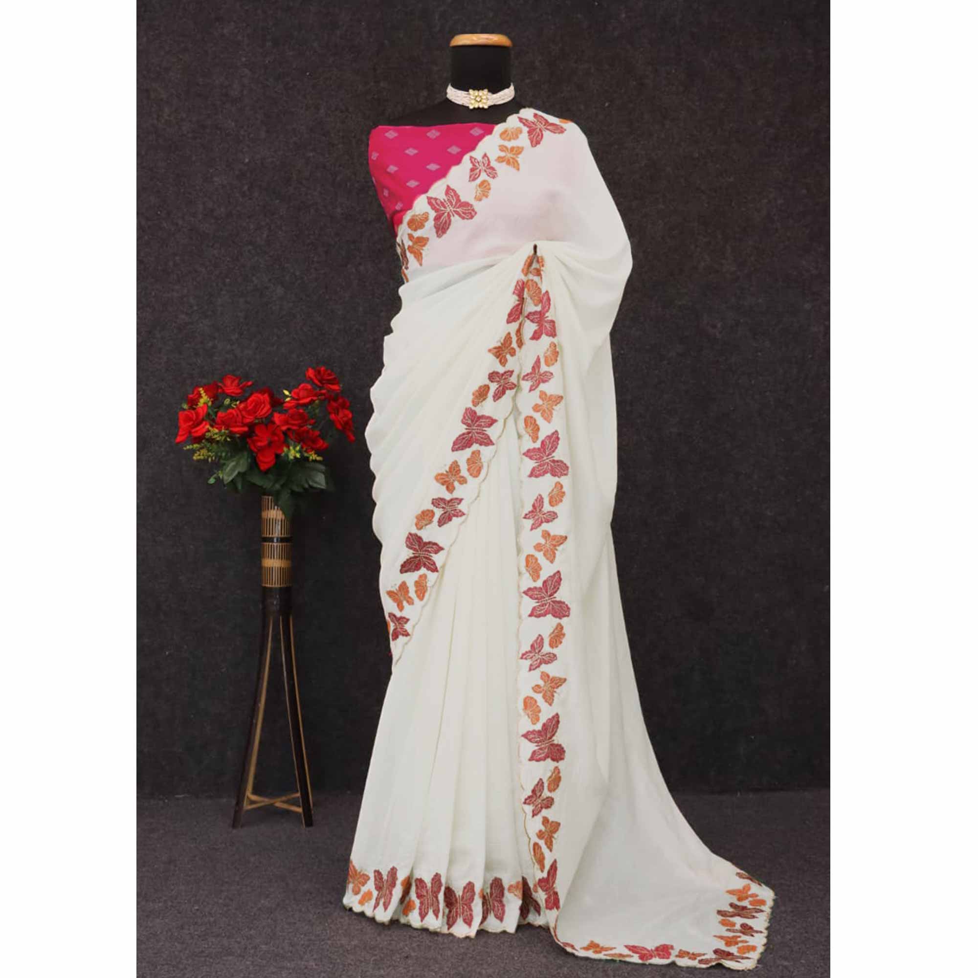 Off White Pure Vichitra Silk Saree with Graceful Butterfly Inspired Embroidery Detailing - Image 8