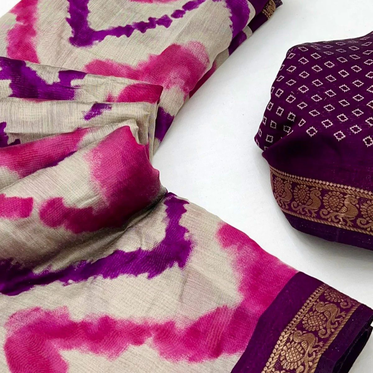 Off White & Purple Dual Shade Saree with Artistic Leheriya Prints in Cotton Silk - Image 2
