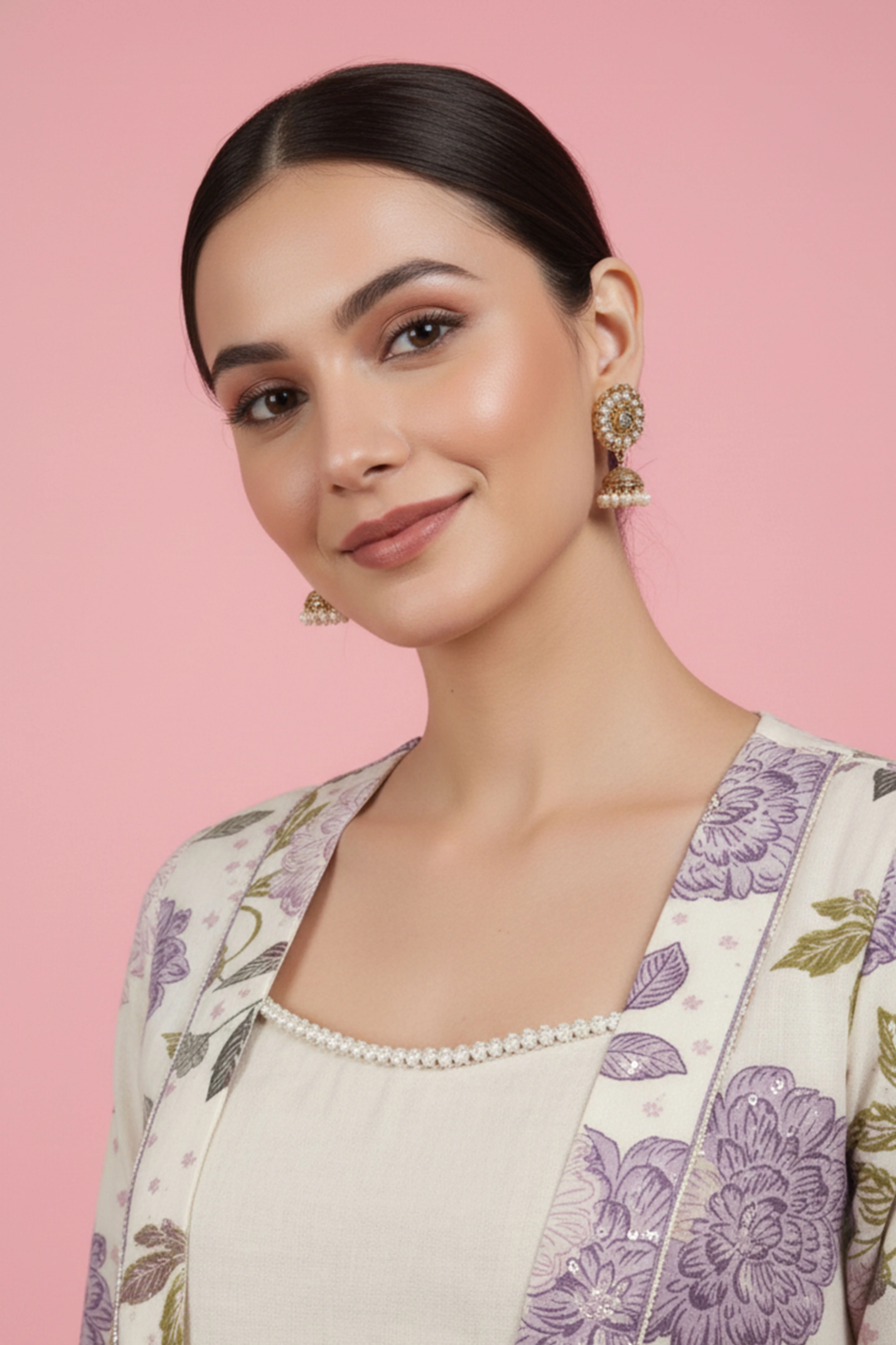 Off White & Purple Pure Cotton Co-Ord Set Featuring a Floral Print Waistcoat - Image 3