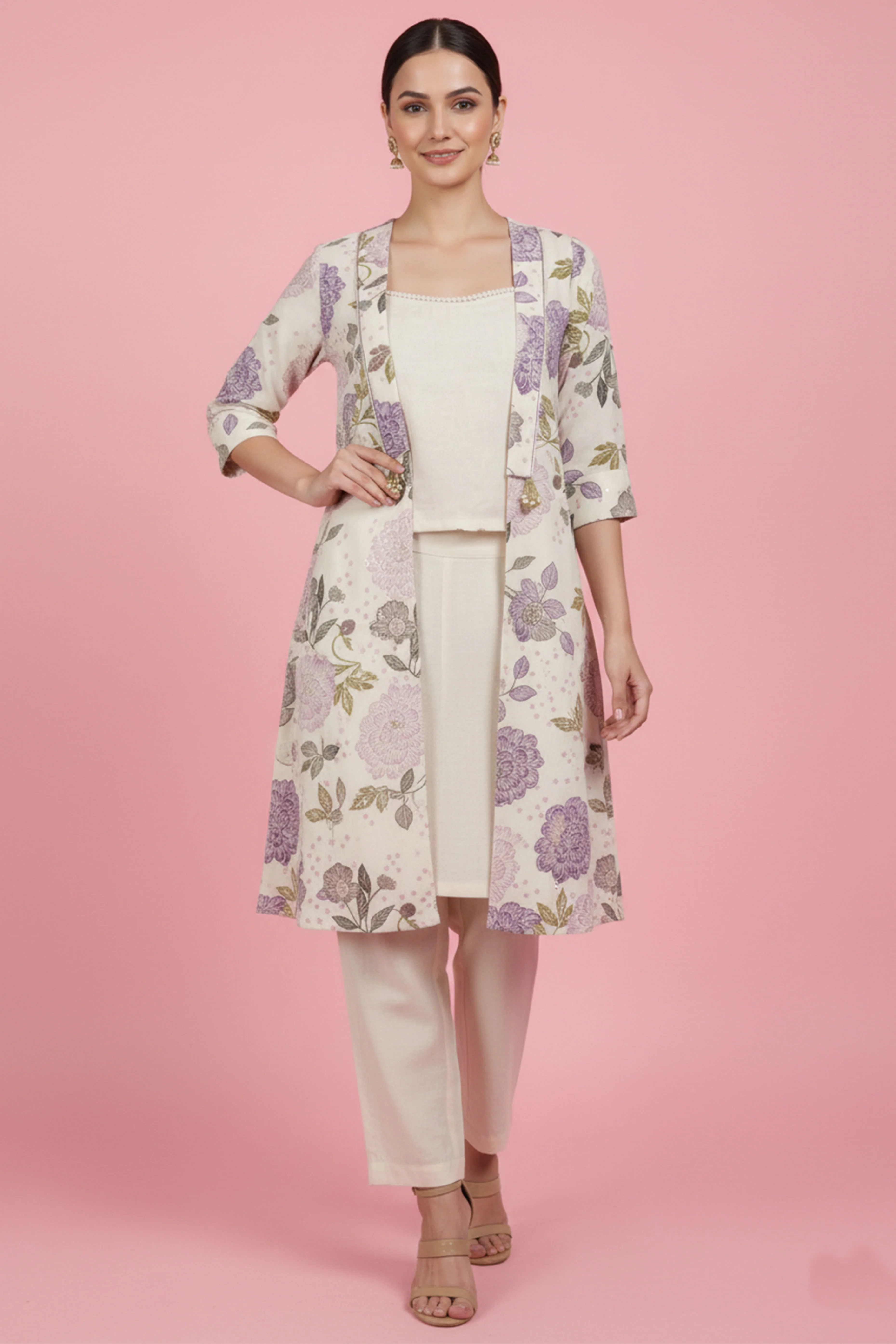 Off White & Purple Pure Cotton Co-Ord Set Featuring a Floral Print Waistcoat - Image 6