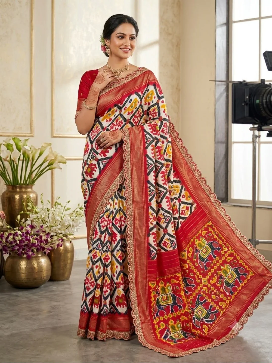 Off White & Red Ikkat Printed Dola Silk Saree With Sequins Embroidery Border