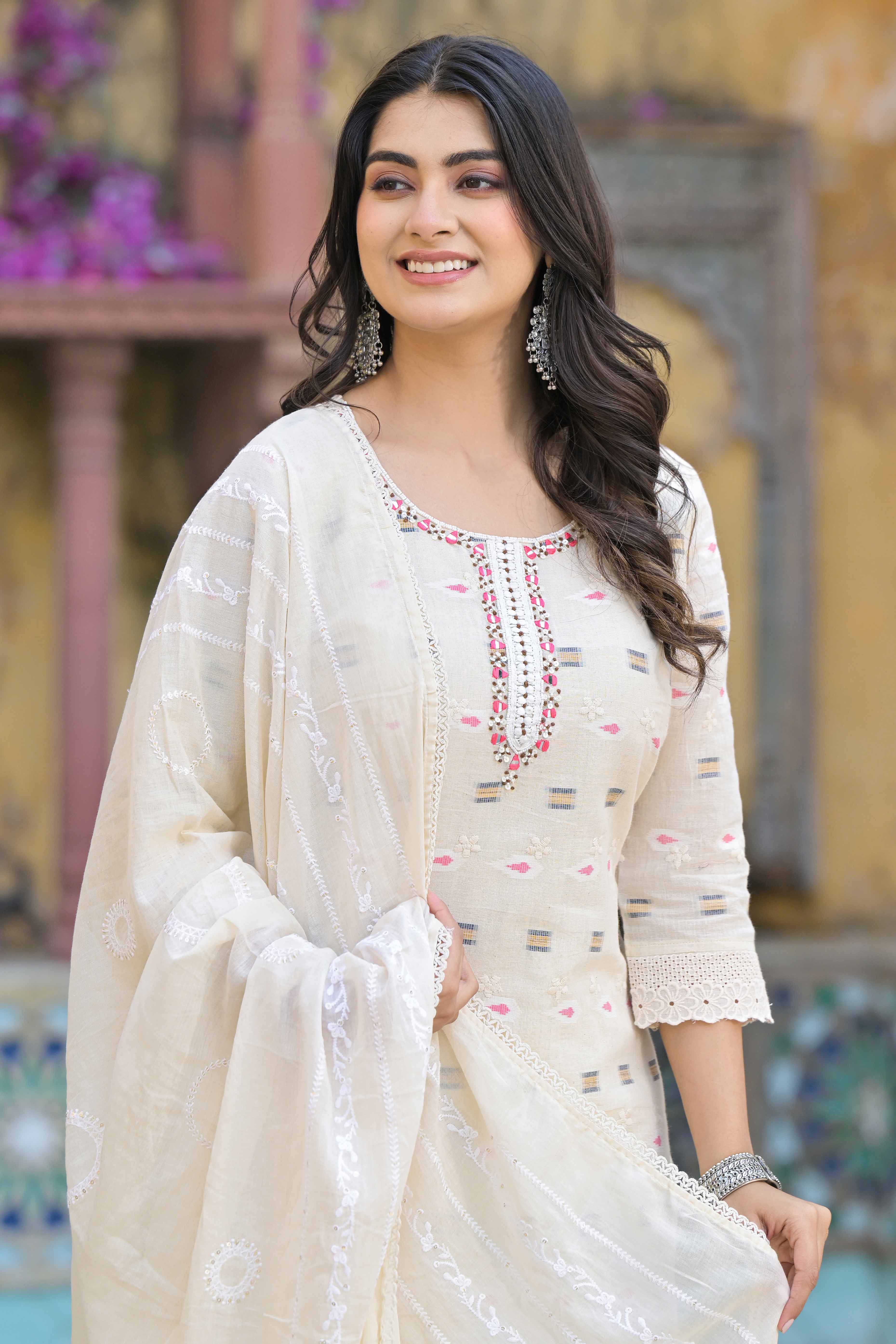 Off White Schiffli Work Embroidered Pure Cotton Salwar Suit - Image 2