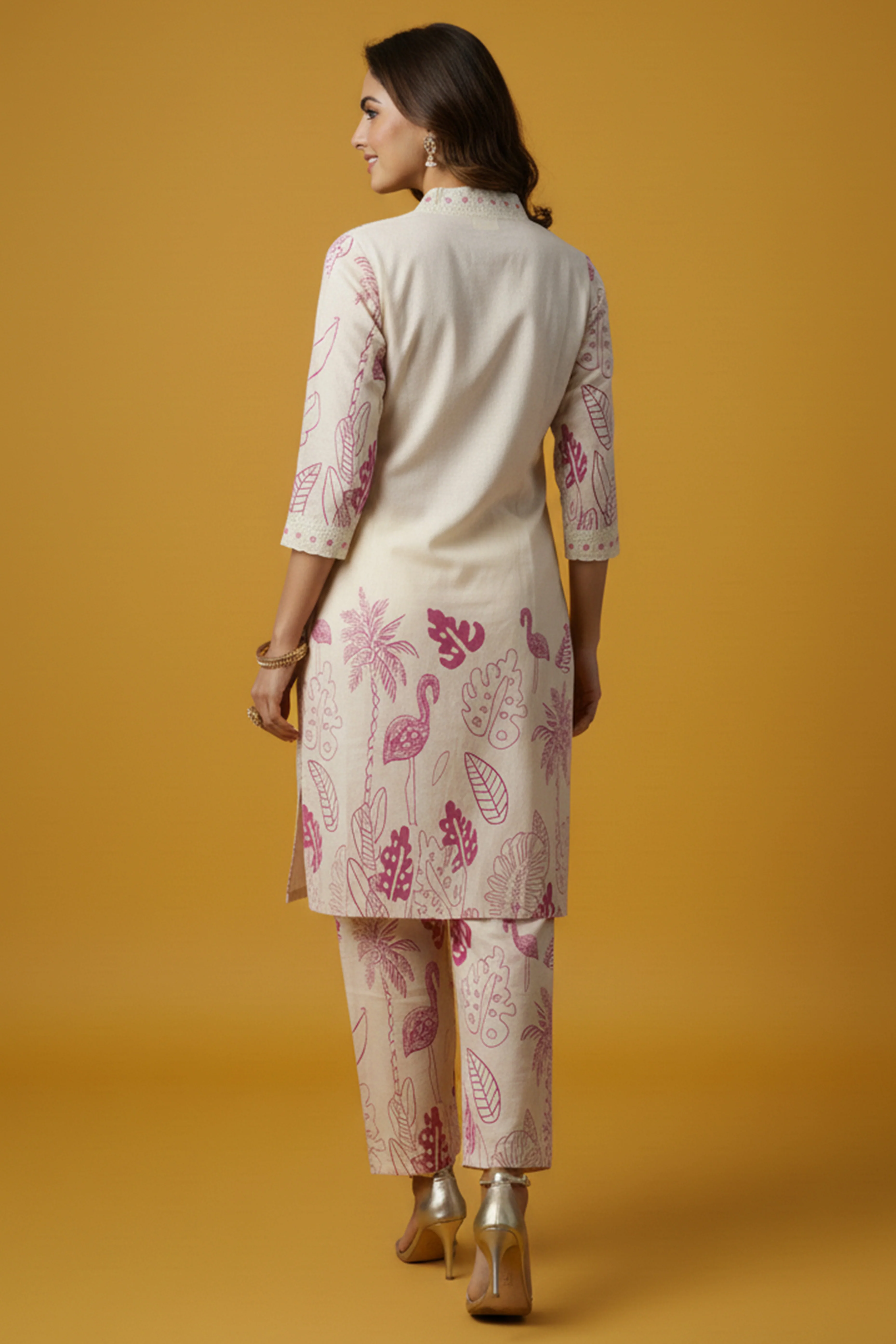Off White Straight Co-ord in Cotton Flex with Floral Design - Image 3