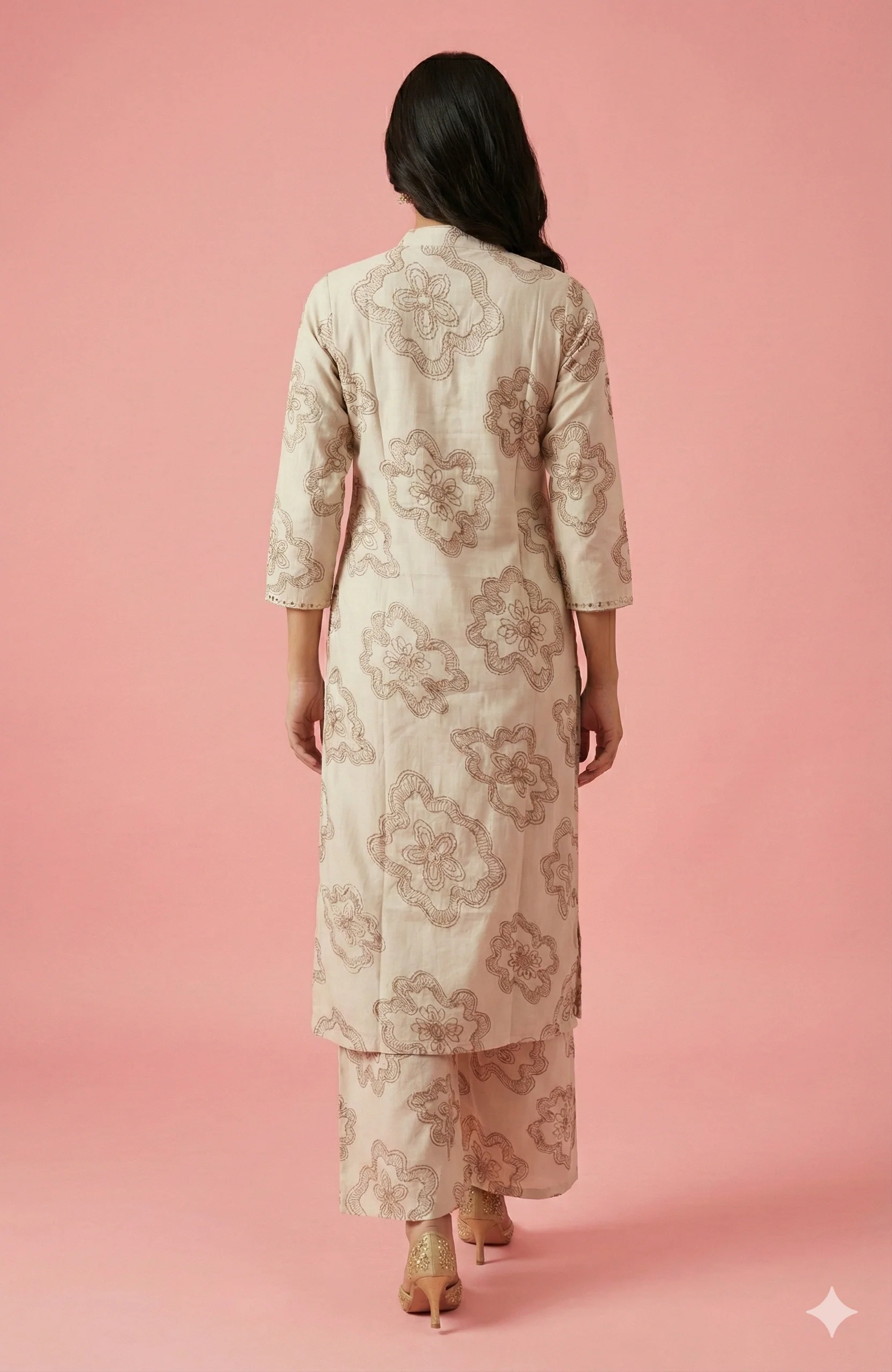 Off-White Straight-Cut Viscose Top and Bottom Set Accented with Floral Foil Printing - Image 3