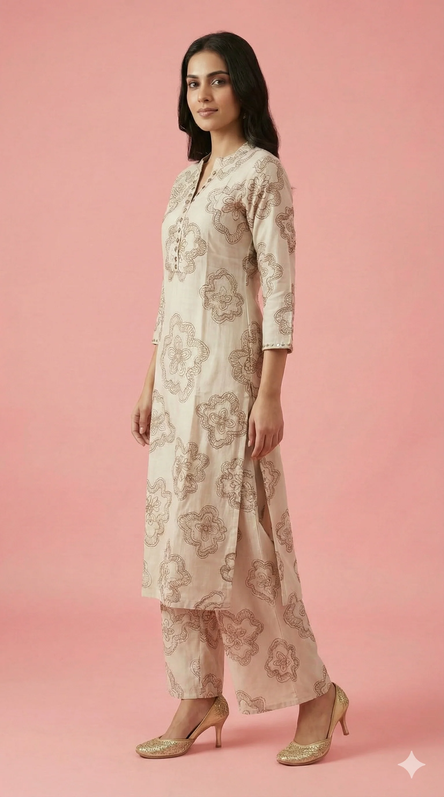 Off-White Straight-Cut Viscose Top and Bottom Set Accented with Floral Foil Printing - Image 4
