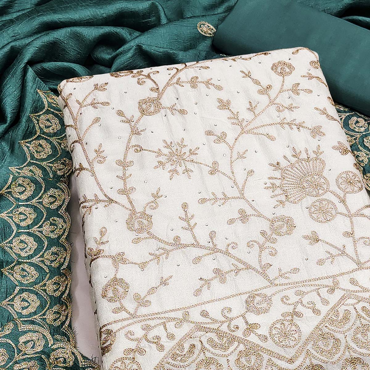 Off White Teal Thread Motifs Vichitra Silk Unstitched Salwar Material - Image 2