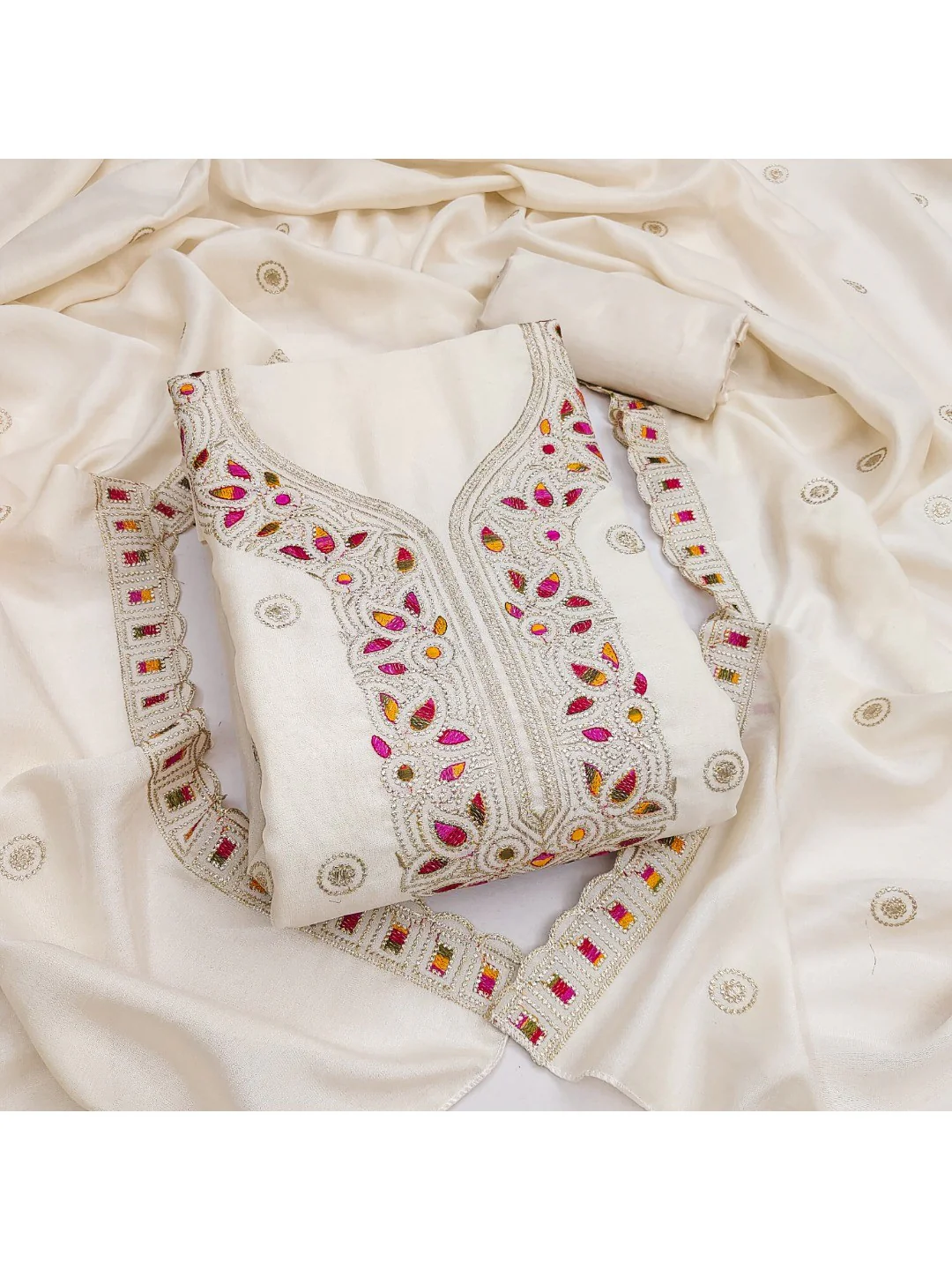Off White Thread Embroidered Vichitra Silk Dress Material - Image 2