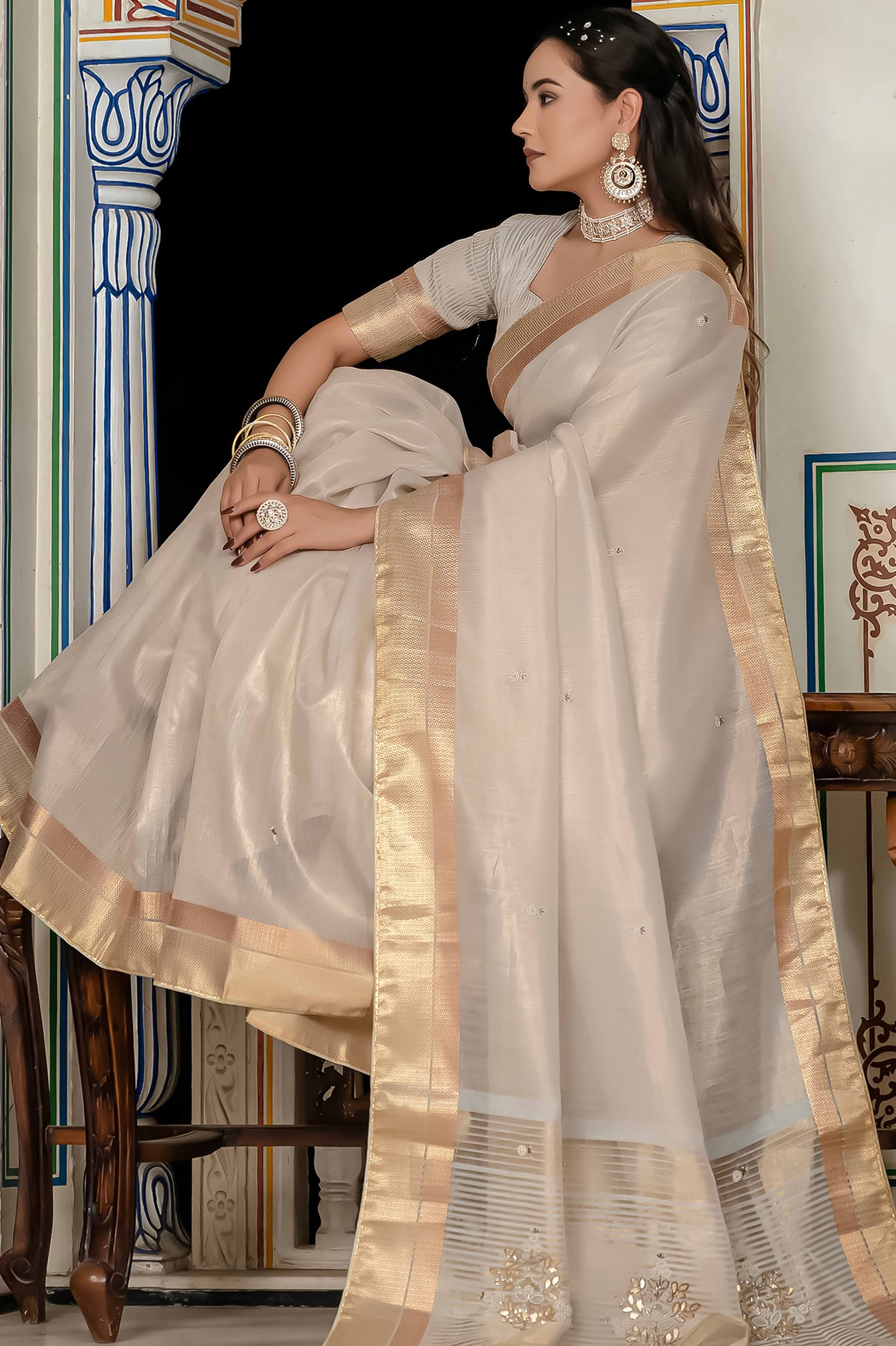 Off White Tissue Linen Saree Featuring Intricate Zari and Beadwork - Image 5