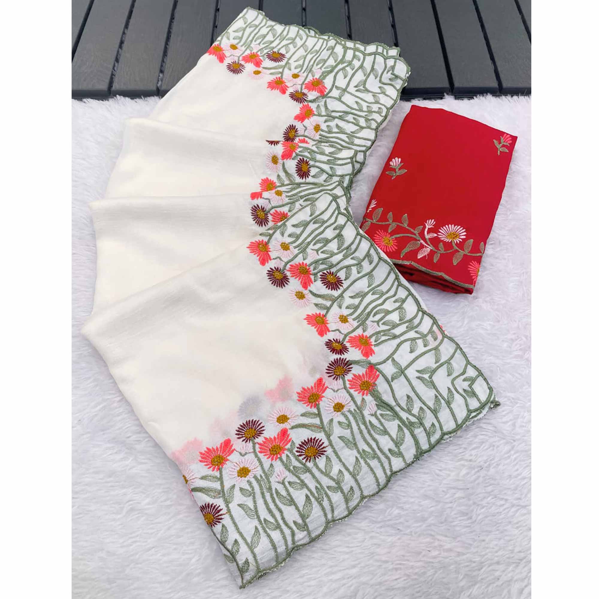 Off White Vichitra Silk Saree with Fine Floral Embroidery for Party and Traditional Styling - Image 3