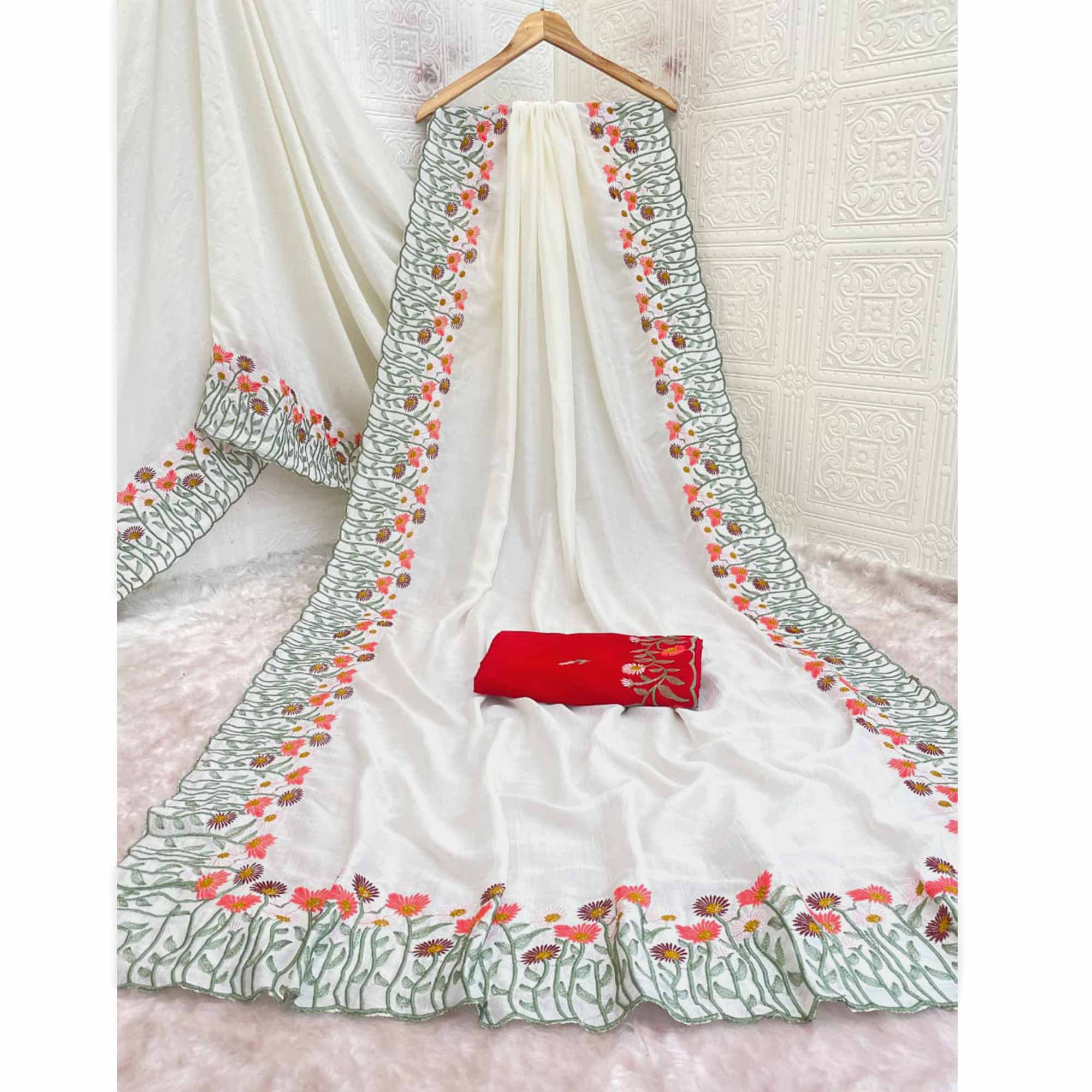 Off White Vichitra Silk Saree with Fine Floral Embroidery for Party and Traditional Styling - Image 4