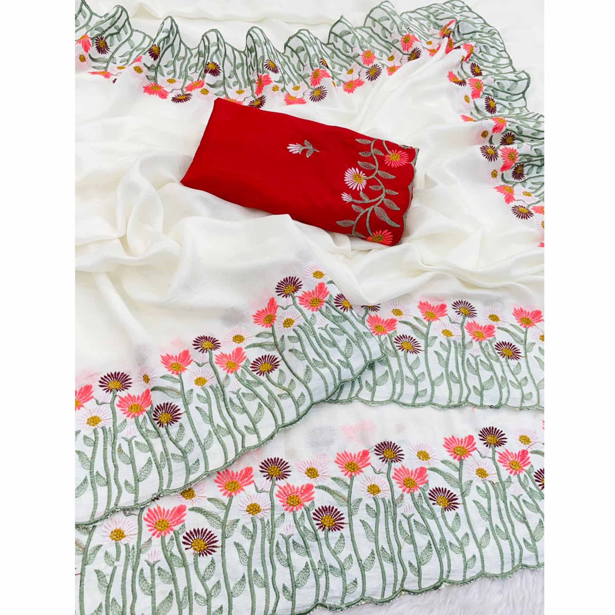 Off White Vichitra Silk Saree with Fine Floral Embroidery for Party and Traditional Styling - Image 6