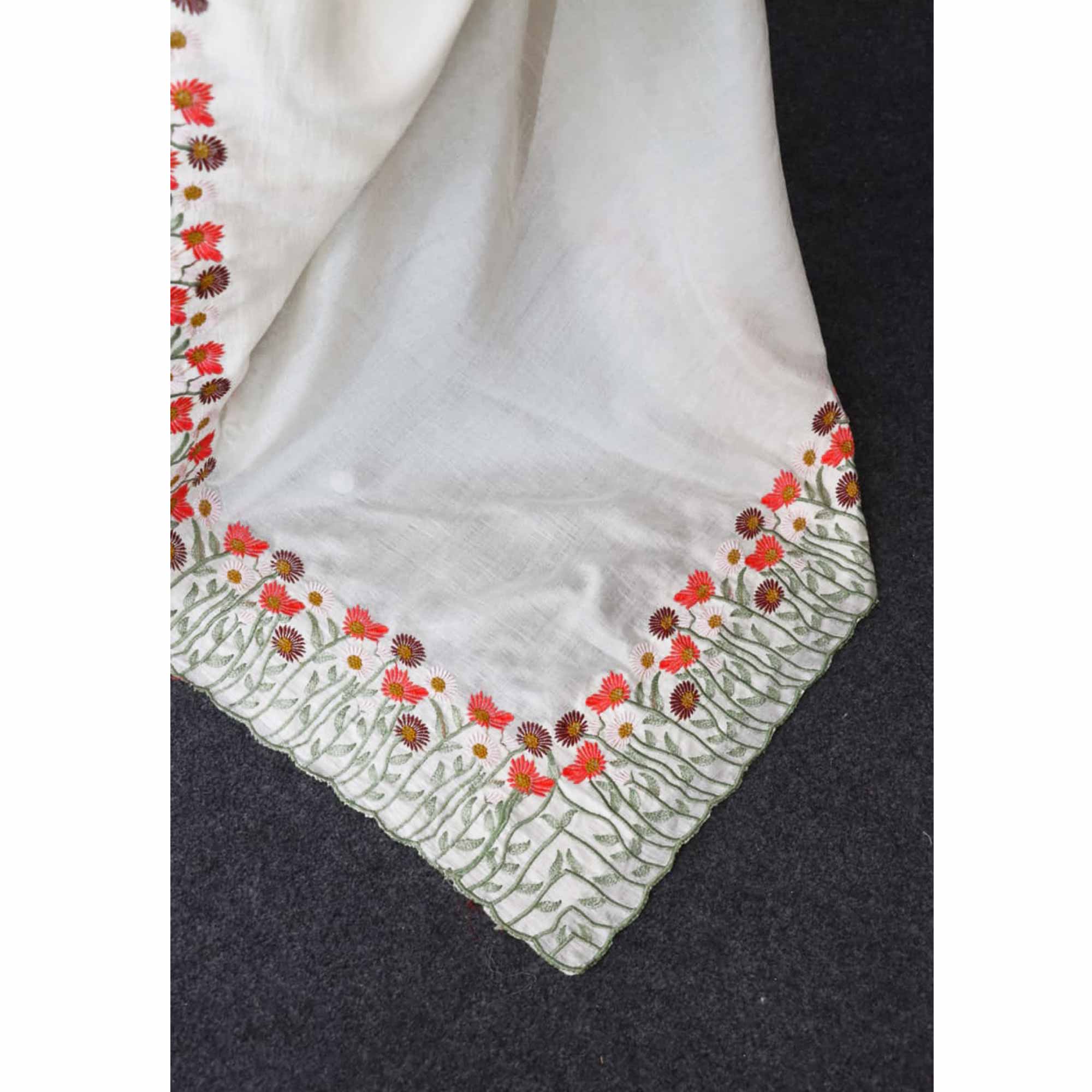 Off White Vichitra Silk Saree with Fine Floral Embroidery for Party and Traditional Styling - Image 7