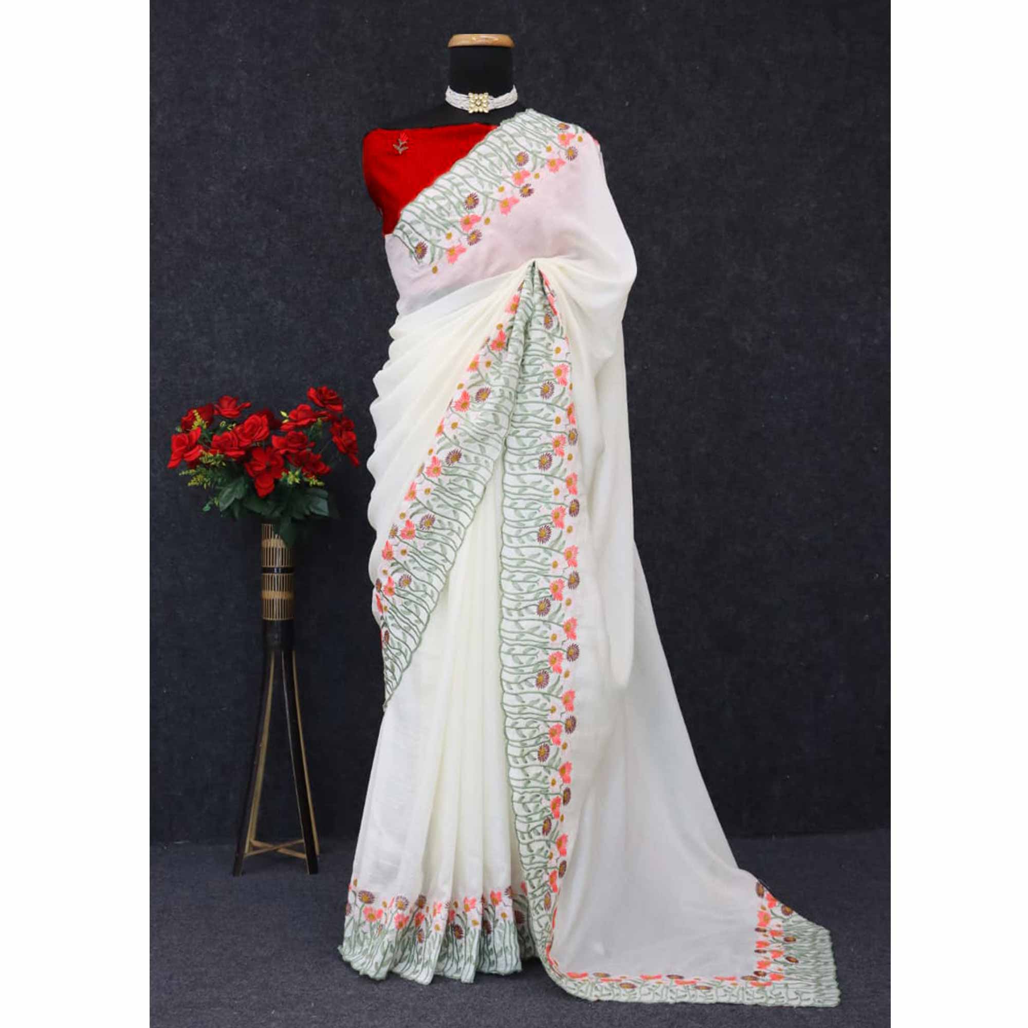 Off White Vichitra Silk Saree with Fine Floral Embroidery for Party and Traditional Styling - Image 8