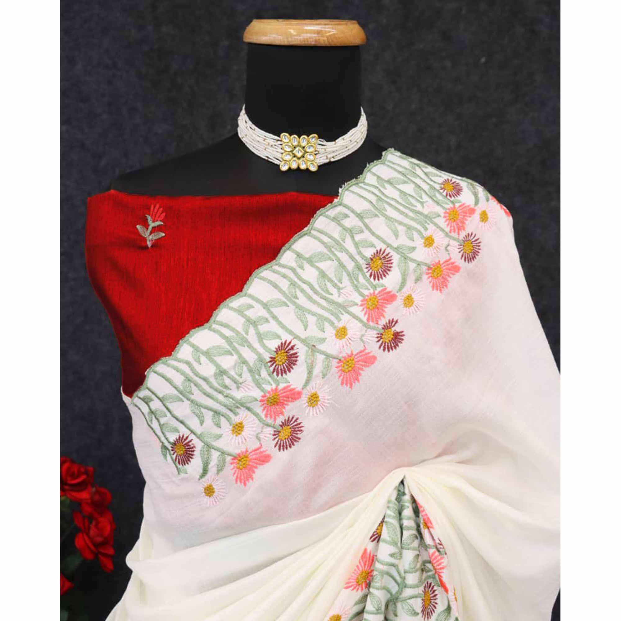 Off White Vichitra Silk Saree with Fine Floral Embroidery for Party and Traditional Styling - Image 9