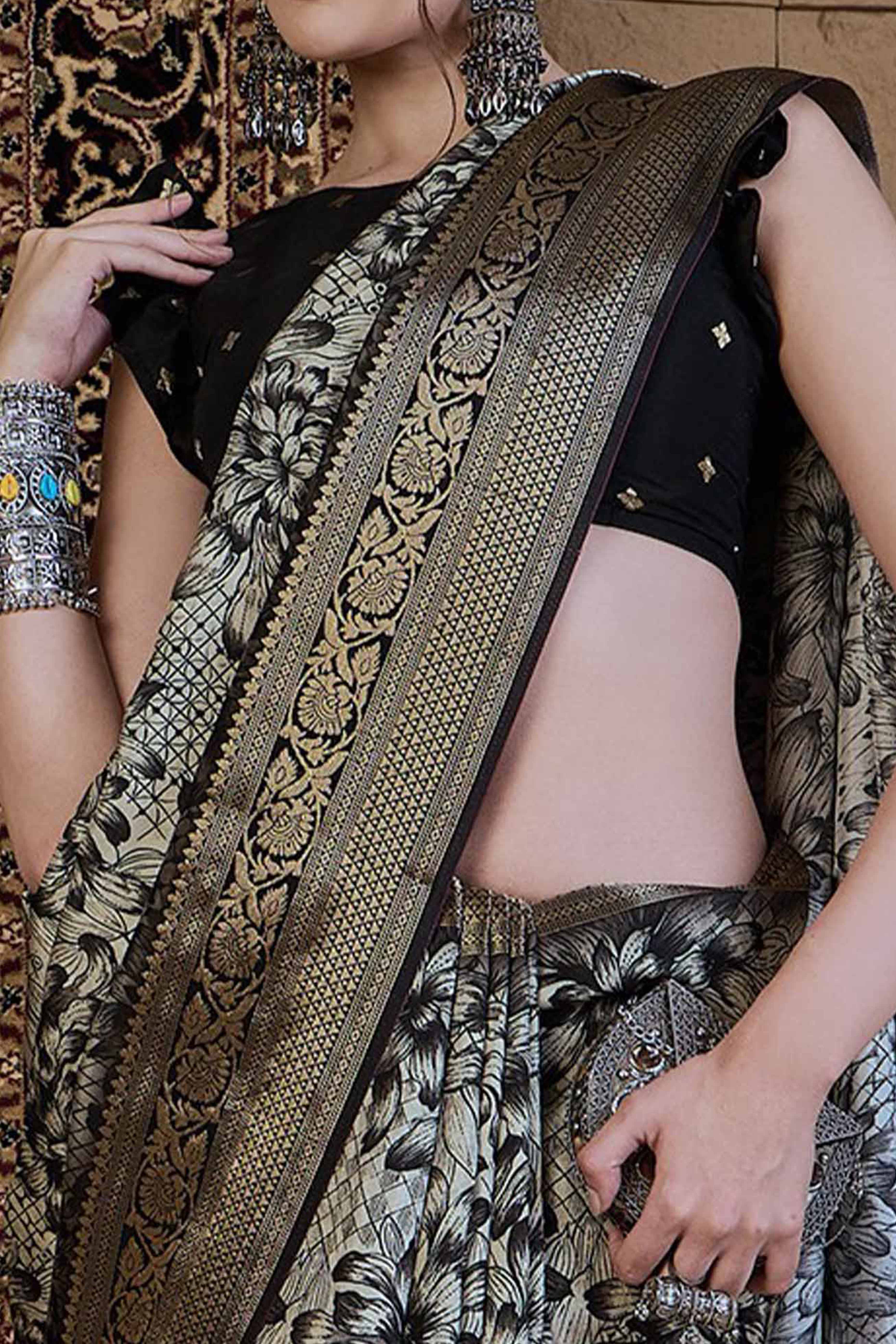Off White Viscose Saree with All-Over Floral Art and Ornate Zari Woven Border - Image 2