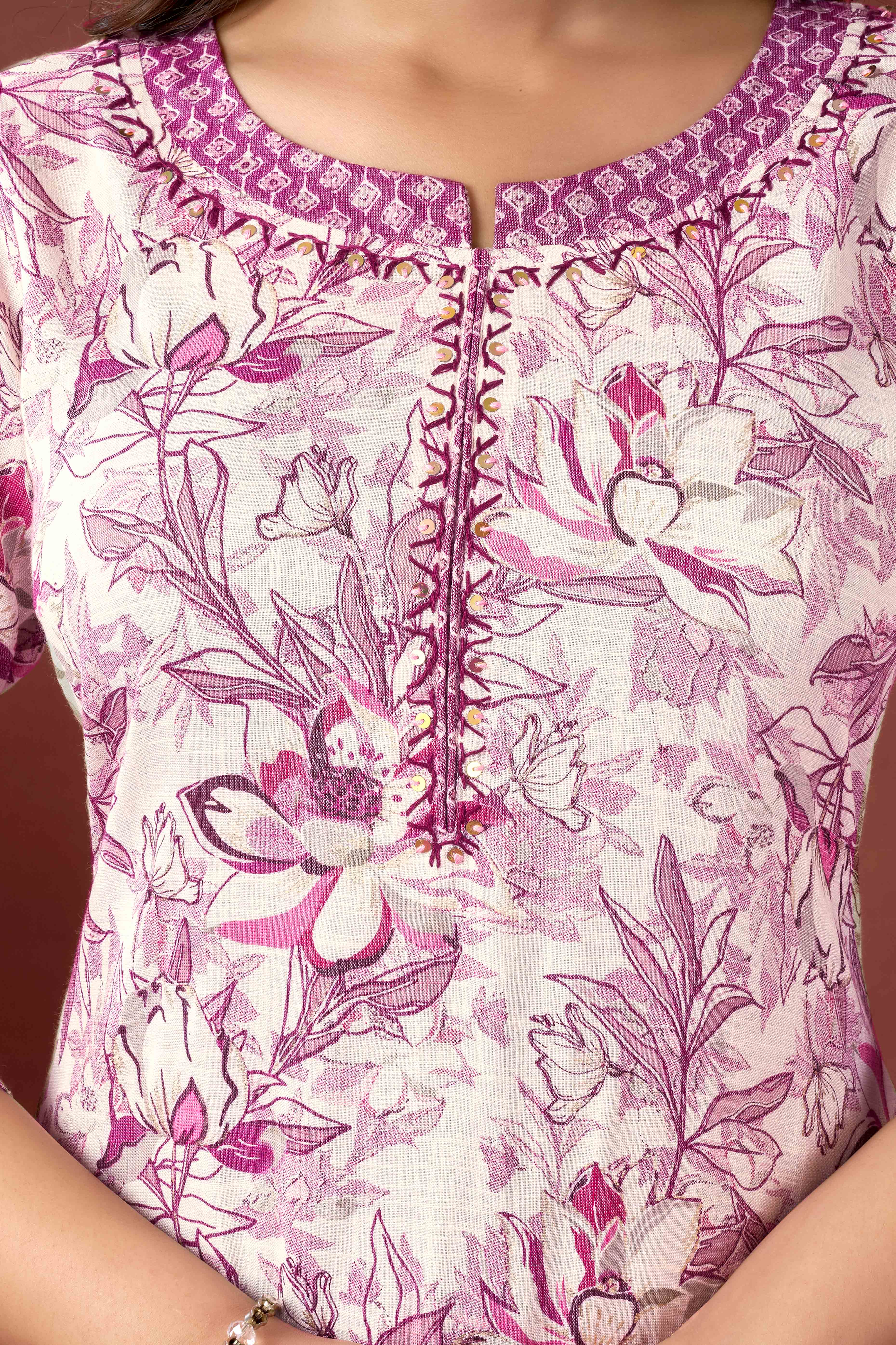 Off White & Wine Floral Foil Printed With Sequins Work Rayon Salwar Suit - Image 2