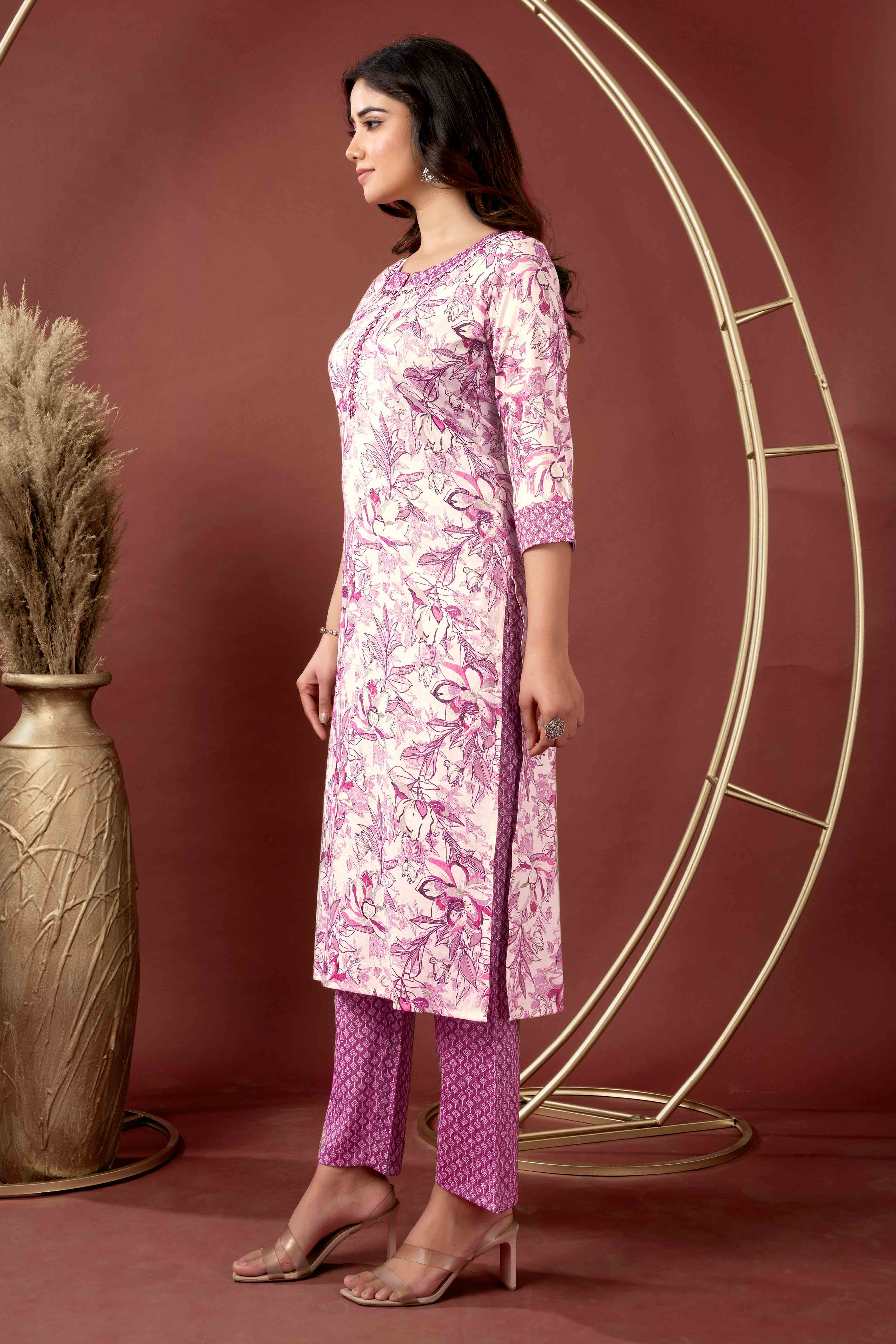 Off White & Wine Floral Foil Printed With Sequins Work Rayon Salwar Suit - Image 3