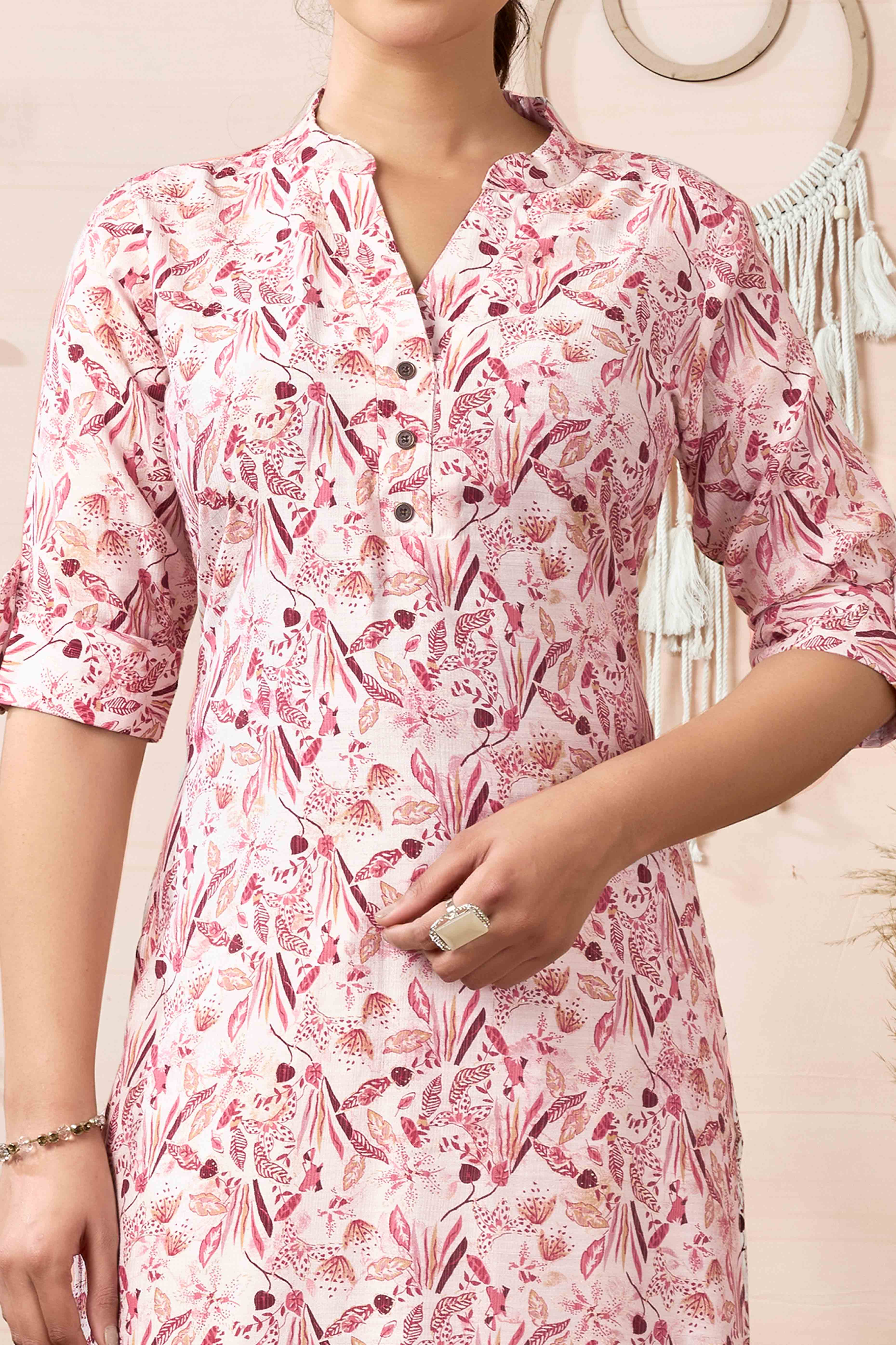 Off White & Wine Floral Printed Pure Cotton Slub Straight Kurti - Image 2
