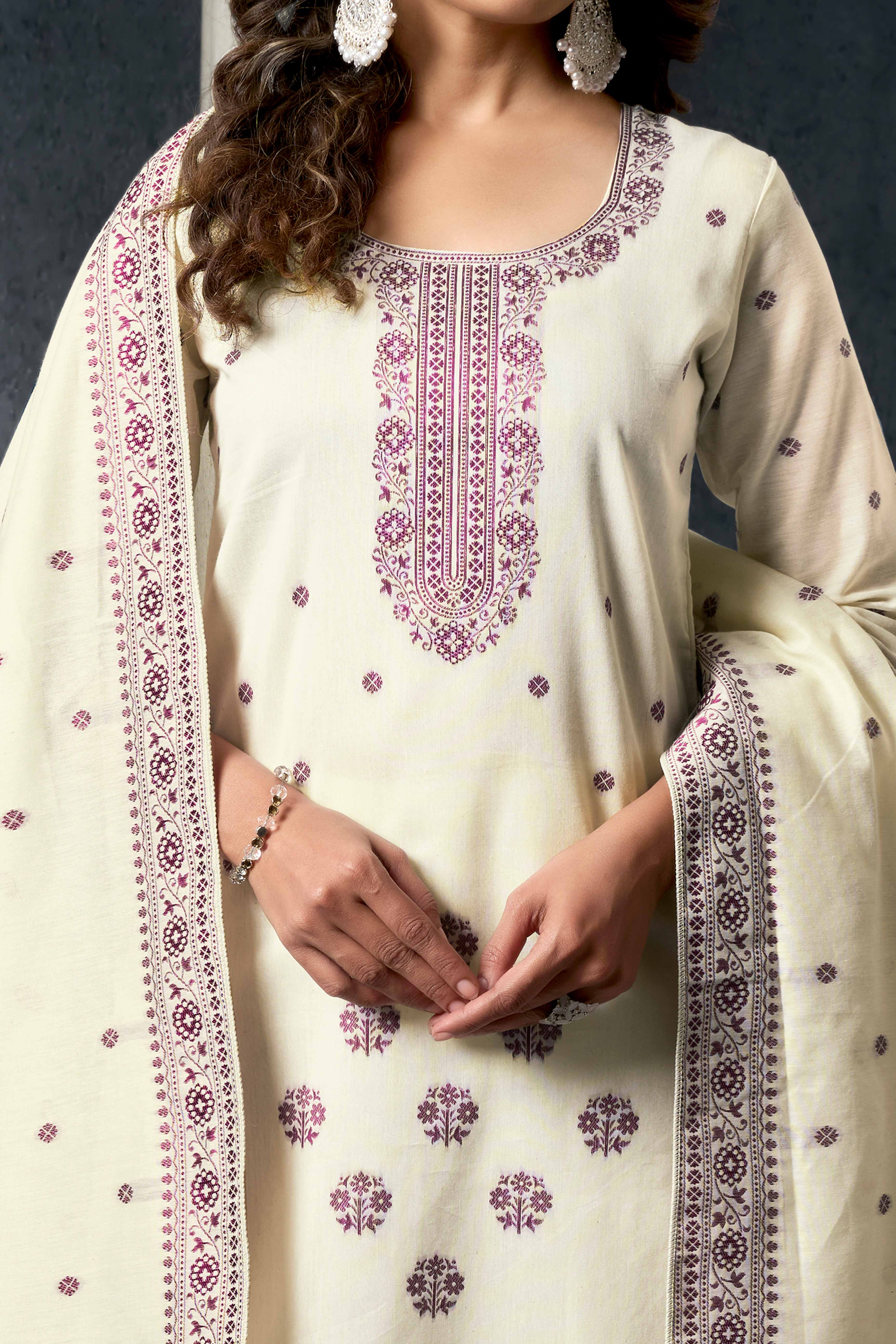 Off White & Wine Jacquard Weaving Pure Cotton Straight Salwar Suit - Image 2