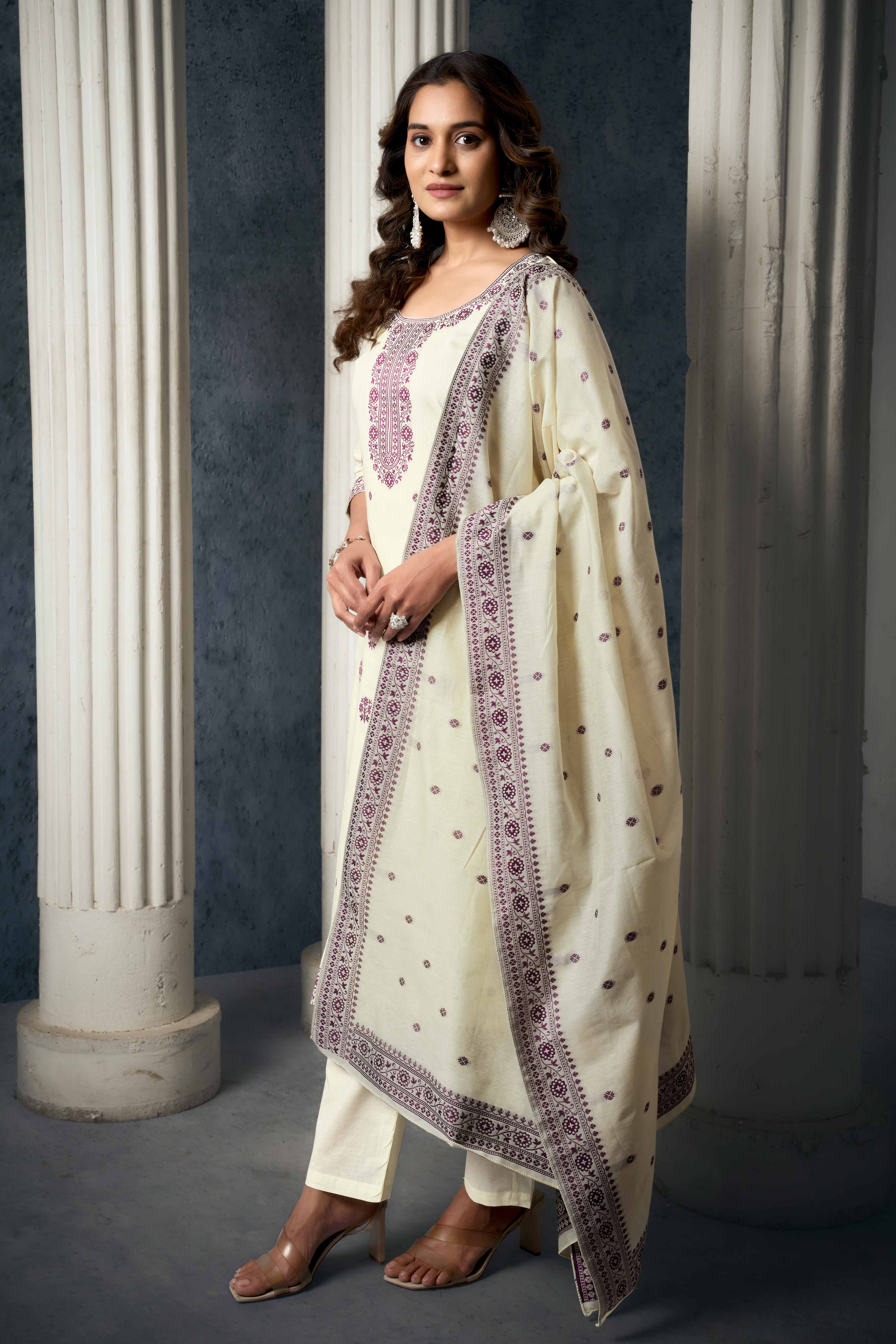 Off White & Wine Jacquard Weaving Pure Cotton Straight Salwar Suit - Image 4