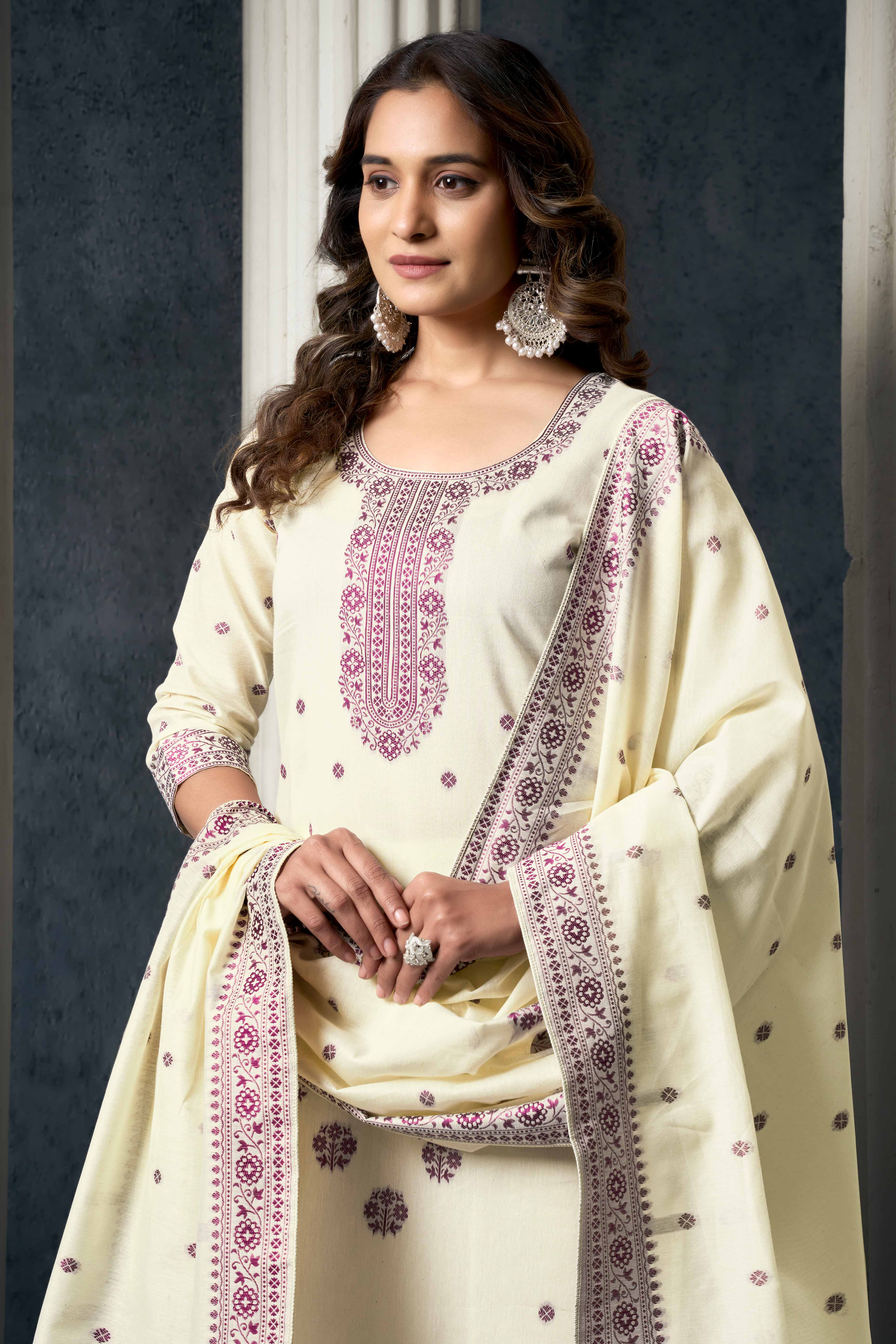 Off White & Wine Jacquard Weaving Pure Cotton Straight Salwar Suit - Image 7