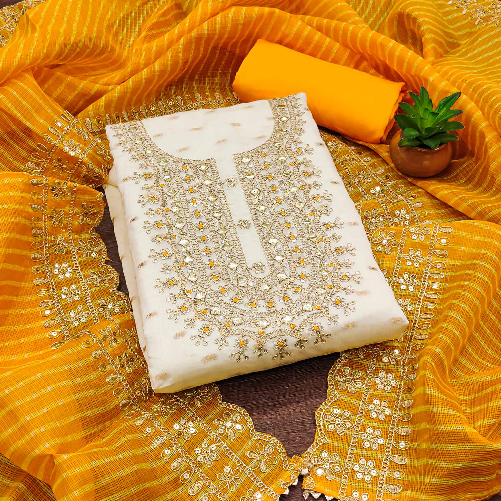 Off White & Yellow Embroidered Chanderi Dress Material - Image 3