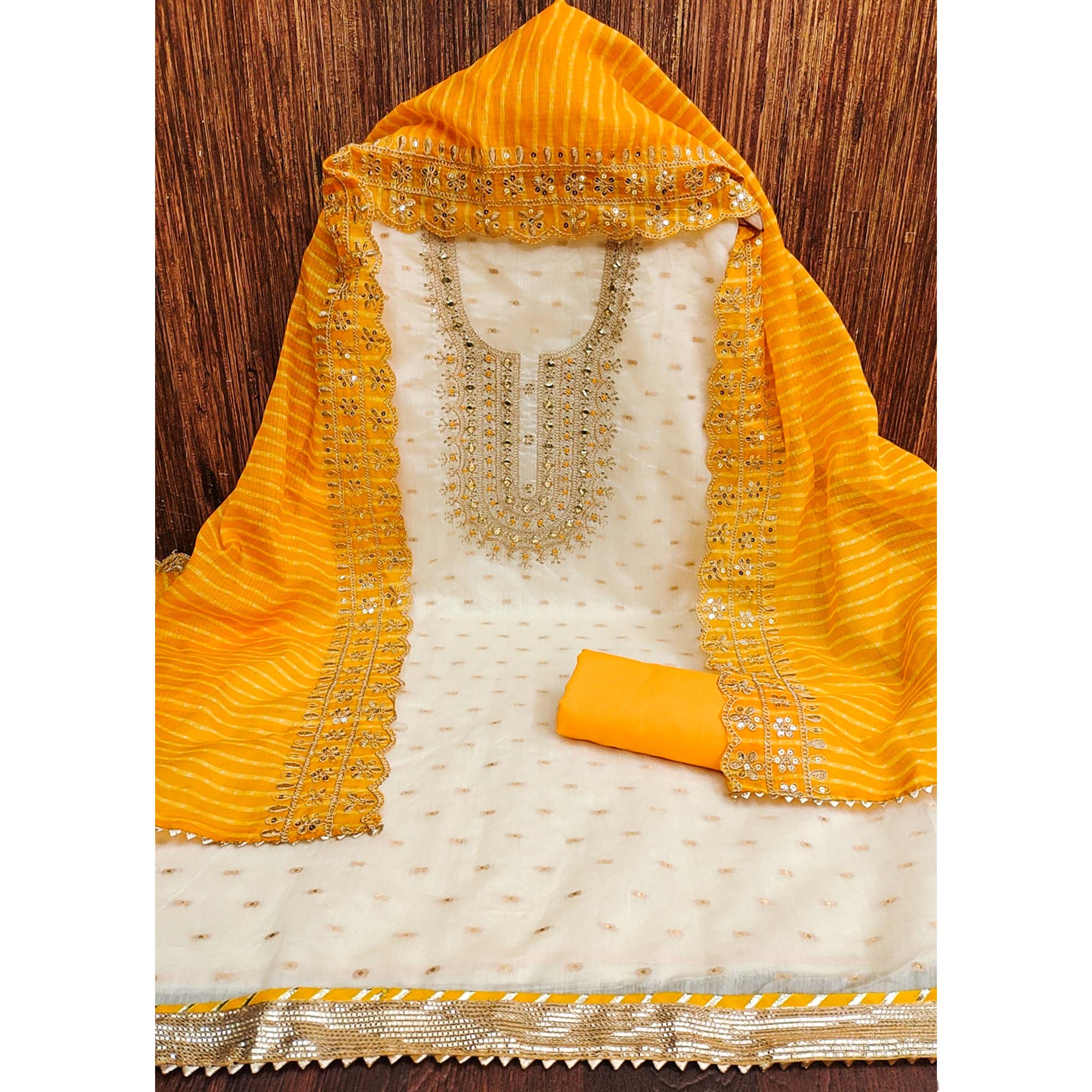 Off White & Yellow Embroidered Chanderi Dress Material - Image 4