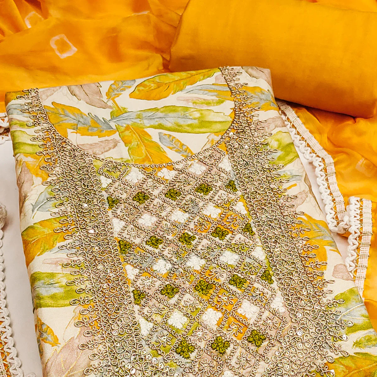 Off White & Yellow Floral Printed Pure Cotton Unstitched Dress Material - Image 2