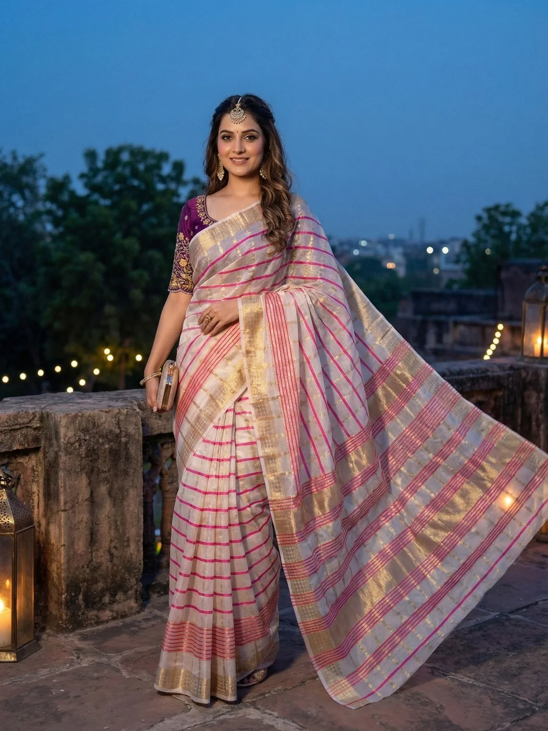 Off White Zari Woven Tissue Saree with Smooth Fabric Fall and Detailed Woven Pattern