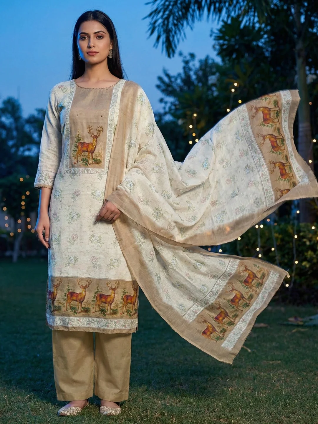 Offwhite & Beige Linen Dress Material with Deer Print and Dupatta