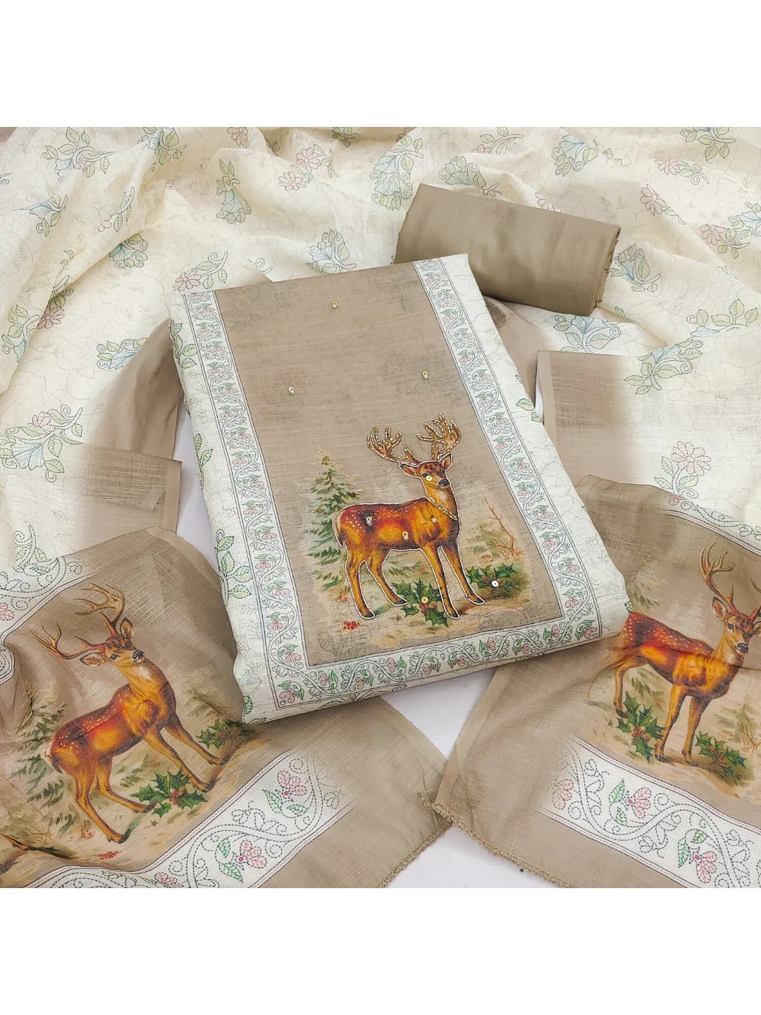 Offwhite & Beige Linen Dress Material with Deer Print and Dupatta - Image 2