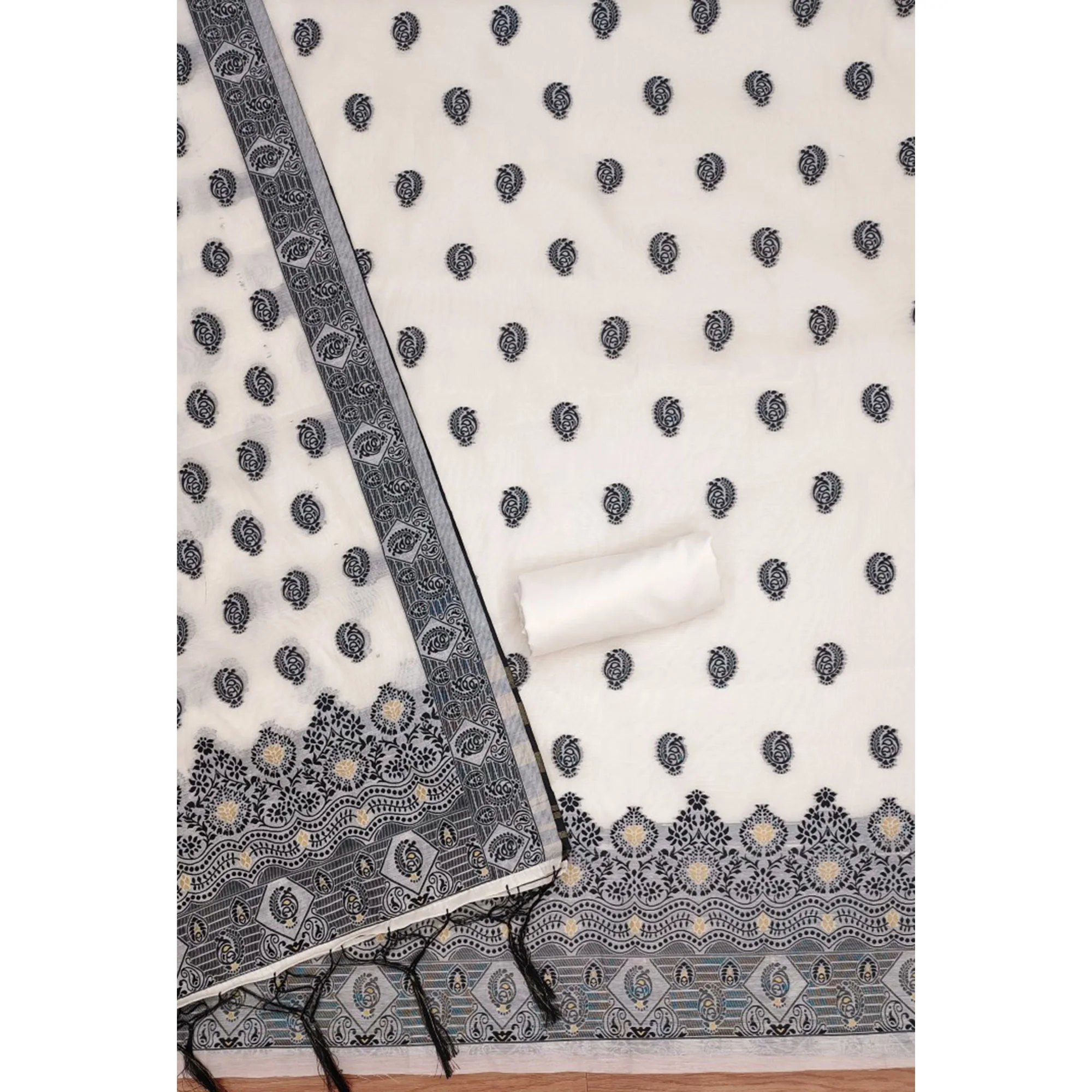 Offwhite & Black Floral Woven Chanderi Dress Material - Image 4