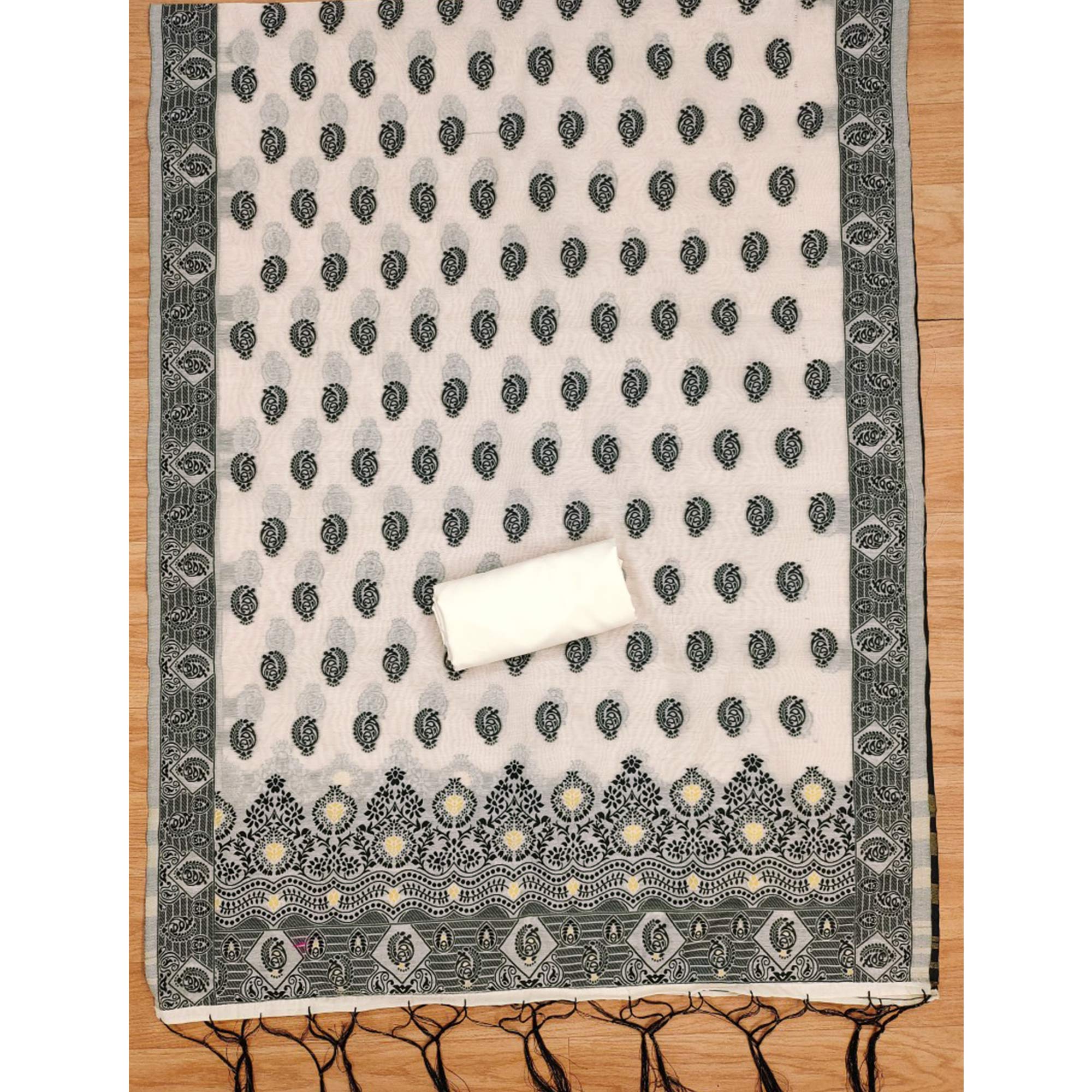 Offwhite & Black Floral Woven Chanderi Dress Material - Image 5