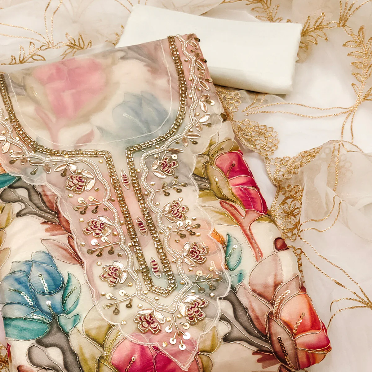 Offwhite Bloom Charm With Floral Print & Delicate Sequins & Moti Handwork Dress Material - Image 2